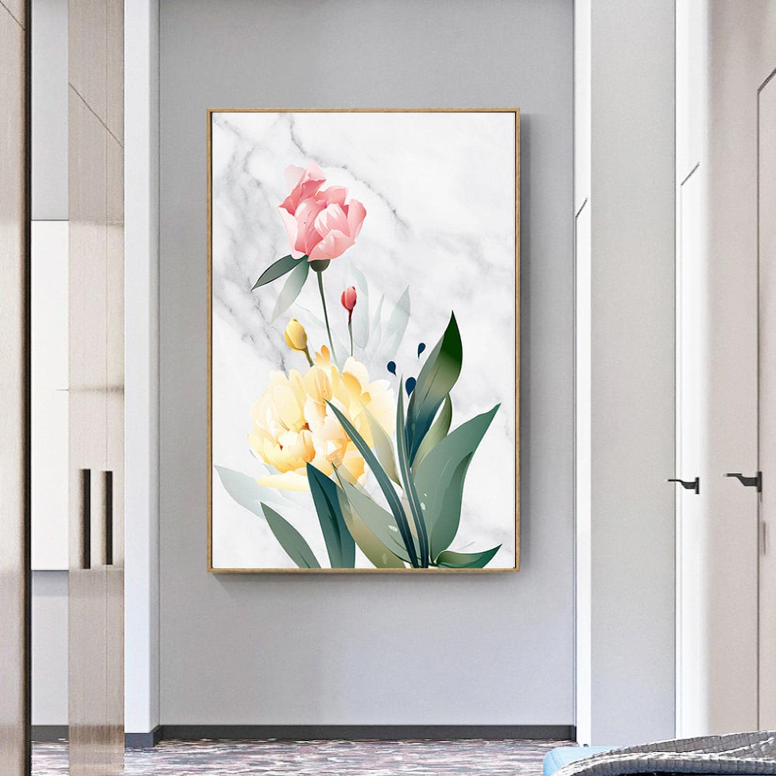 Fleurs roses feuilles vertes affiche pour mur blanc vide