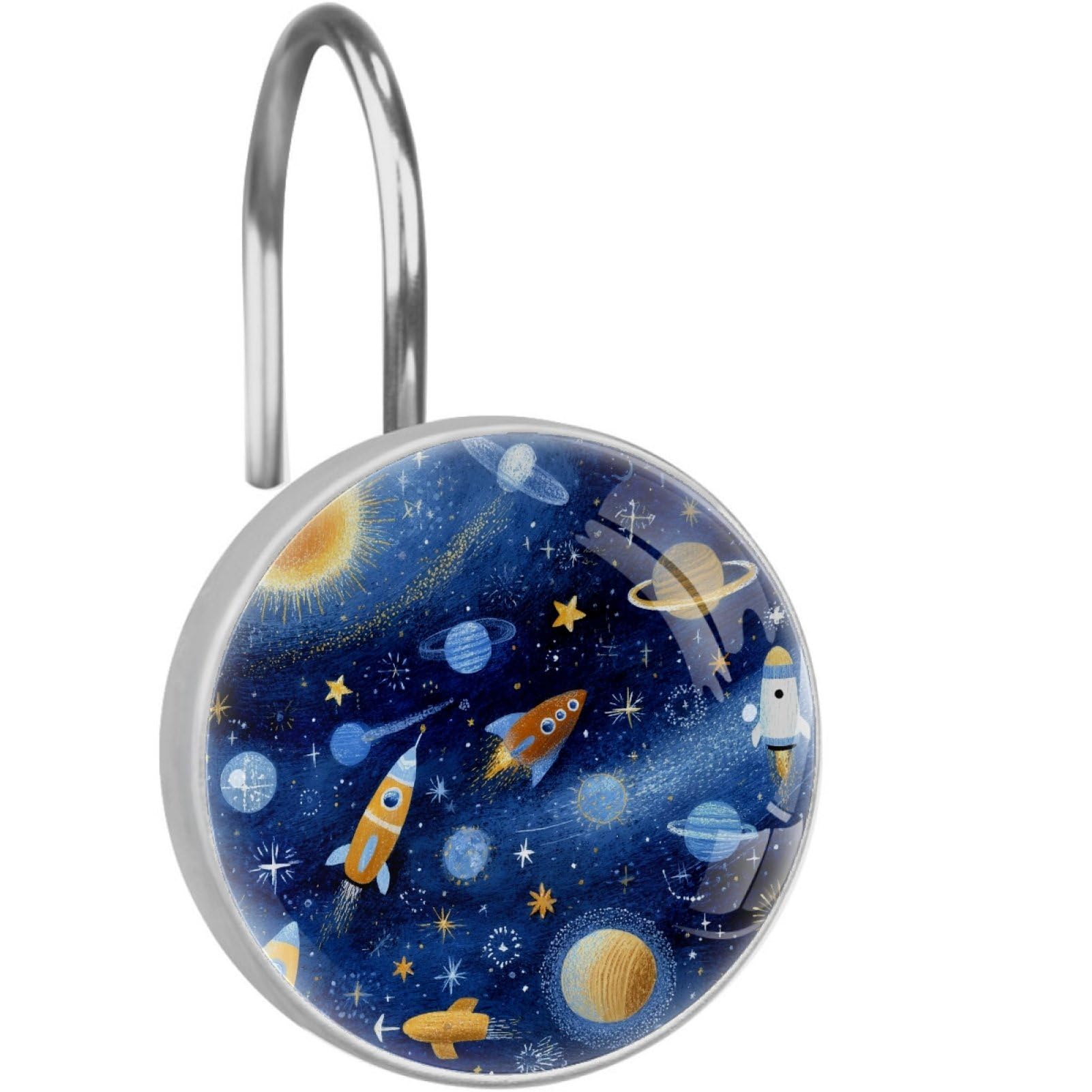 VAPOKF Decorative Shower Curtain Hook, Rocket Planet Sun Rustproof Stainless Steel Shower Curtain Hook for Bathroom, Shower Curtain Hangers for Shower Rod
