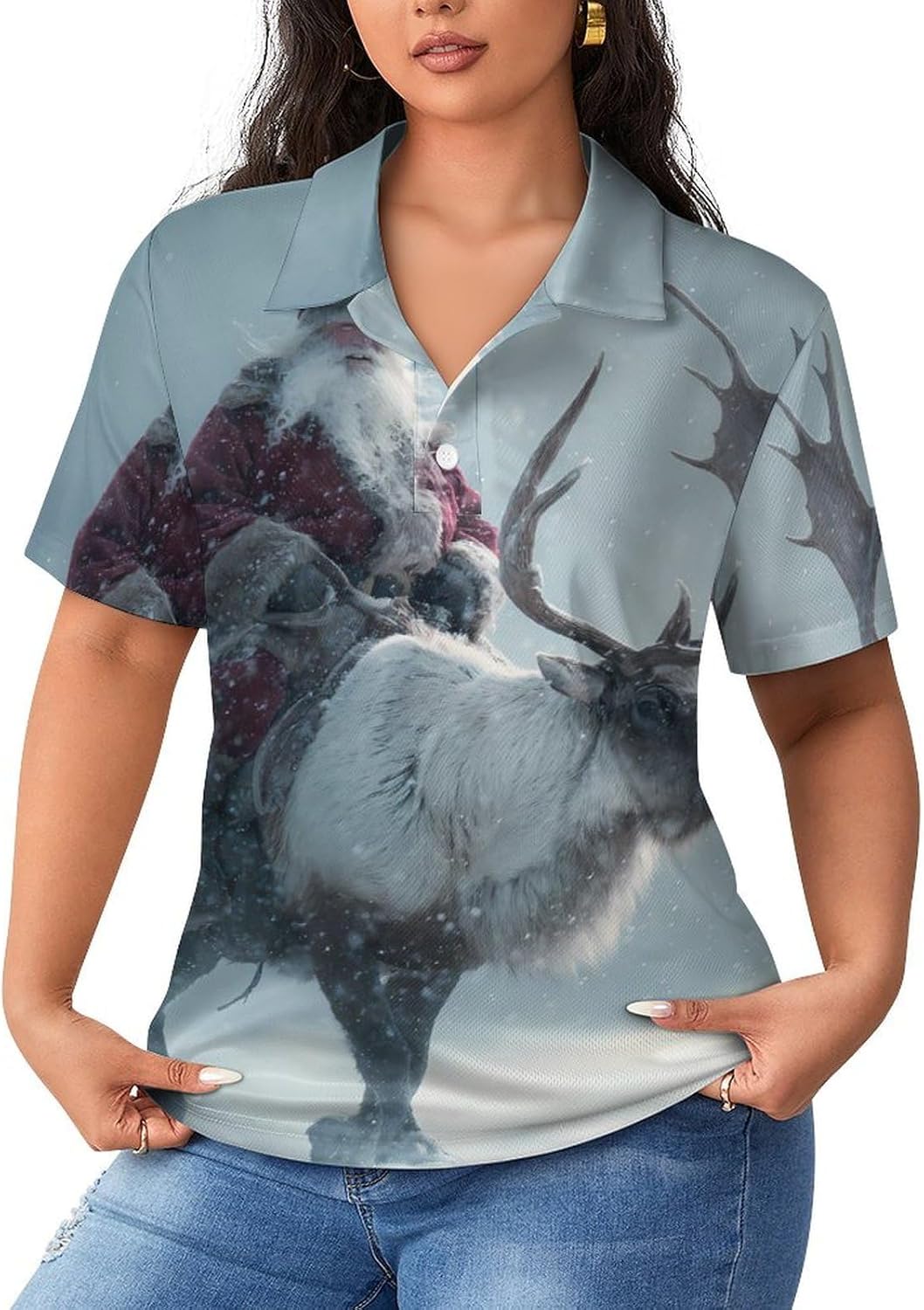 Christmas Santa Riding Deer Womens Polo Shirt Short Sleeve Golf Shirts Casual T-Shirt Top