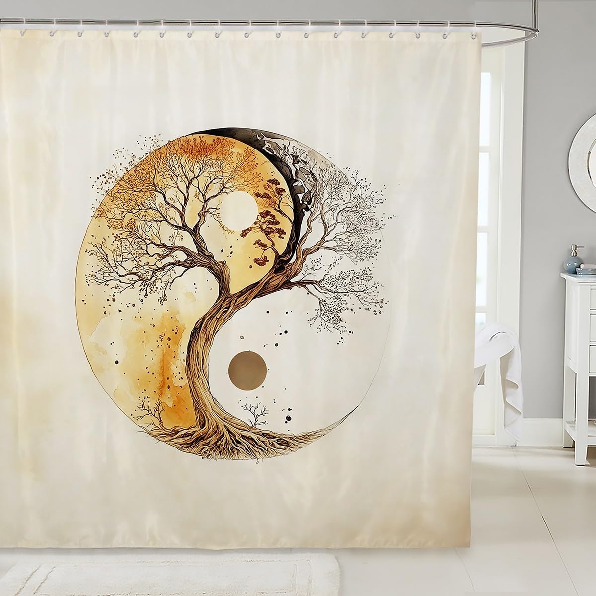 Yin Yang Tai Chi Bathroom Curtain,Bohemian Tree Shower Curtains Kids Boys Girls Teen Adult Bathtub Decor,Oriental Waterproof Curtain Life Traditional