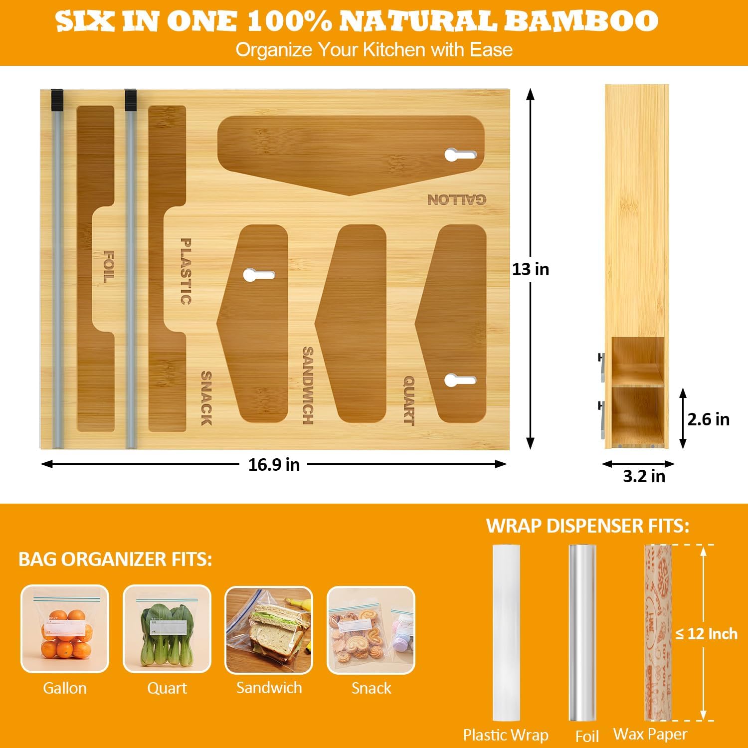 dalshabet bamboo bag organizer with magnetic closure, 6 in 1 kitchen drawer foil and plastic wrap dispenser with cutter, storage bag for gallon, quart, sandwich, snack beige