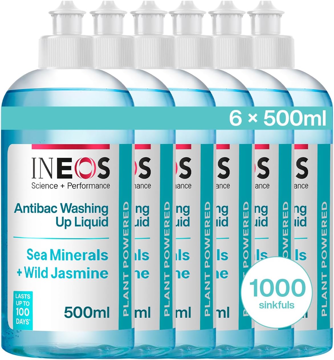 Next-Gen 2in1 Washing Up Liquid, 3L (500ml x 6), 1000 Sinkfuls, Dishwashing + Handwashing, Plant Powered, Sea Minerals + Wild Jasmine