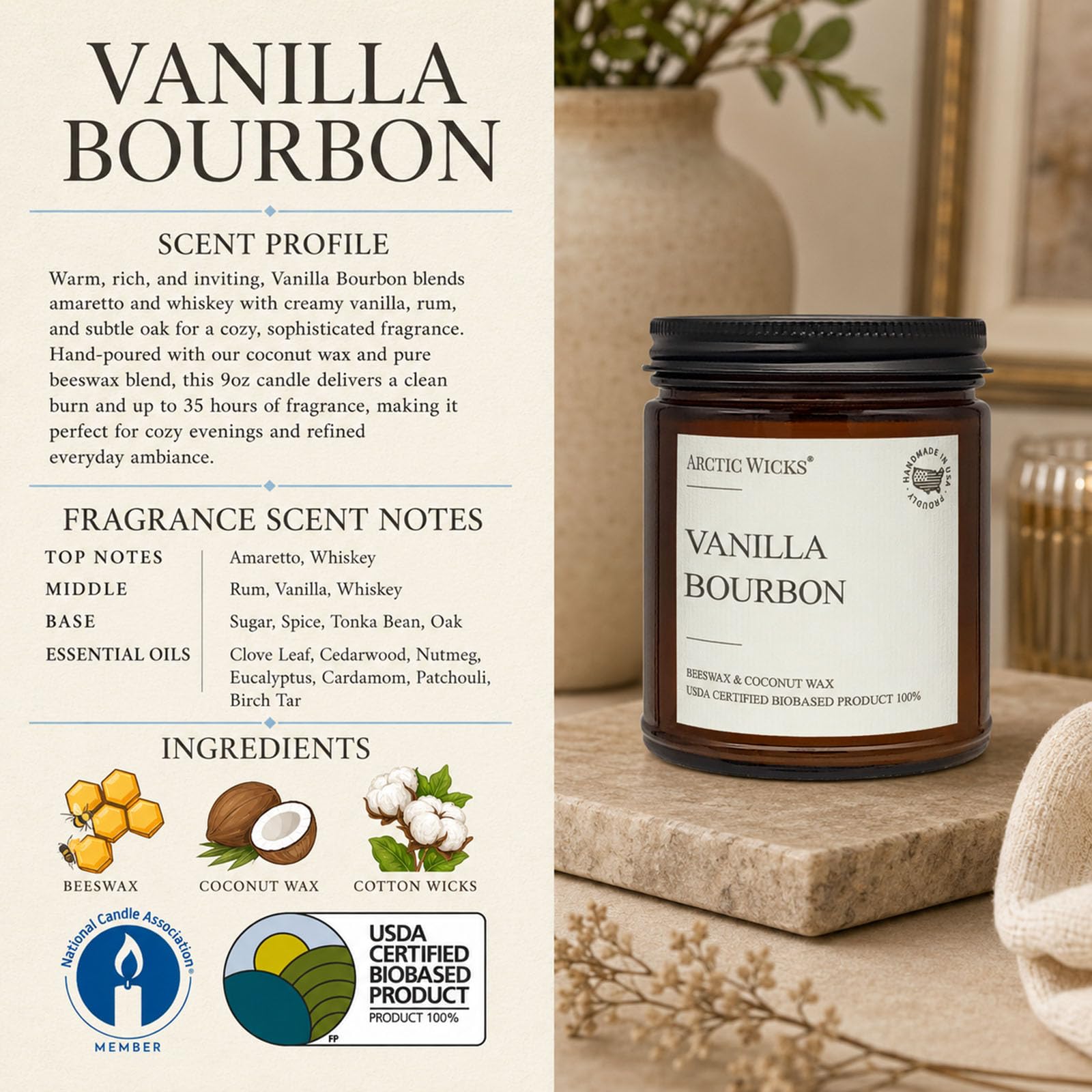 Vanilla Bourbon-Kerze, Arctic Wicks Kokosnuss- und Bienenwachskerzen, ungiftige Duftkerzen für Herbst, Winter, Urlaub, Geschenke für ihn, Whiskey-Bourbon, Vanille-Kerze, USDA-zertifiziert, biobasiert