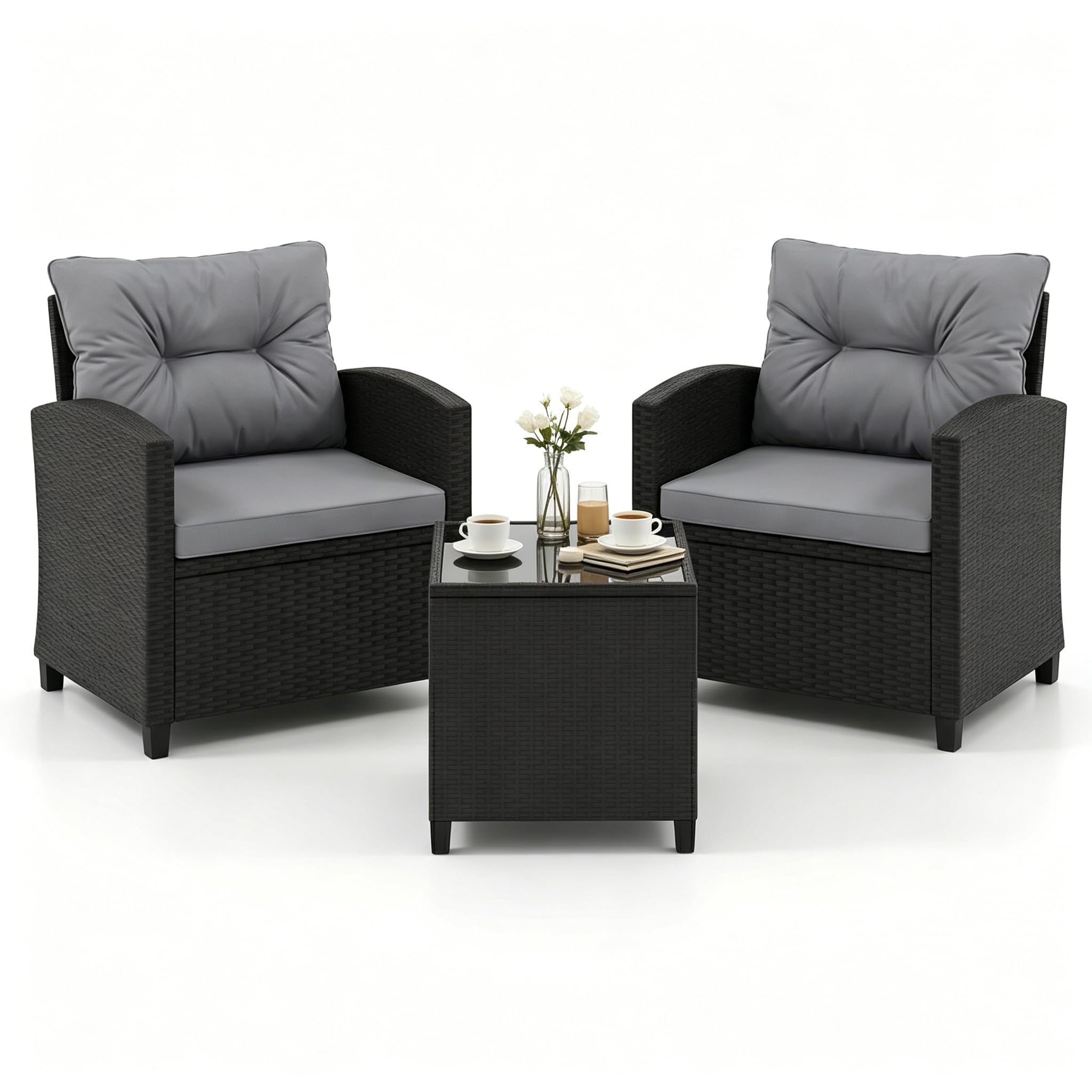 LIFEZEAL Salotto da Giardino in Rattan PE, Set 2 Divanetti con Cuscini Rimovibili e Tavolino Caffè, Grigio e Nero