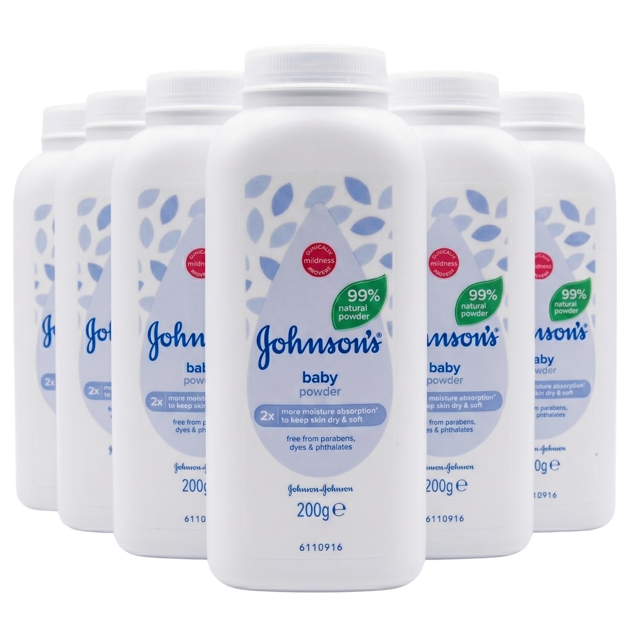 Johnson's Baby Polvere per bambini, 200 g, confezione da 6 (6 x 200 g), lieve amido di mais per la pelle delicata del bambino, clinicamente dimostrata, ipoallergenica, senza parabeni, ftalati e