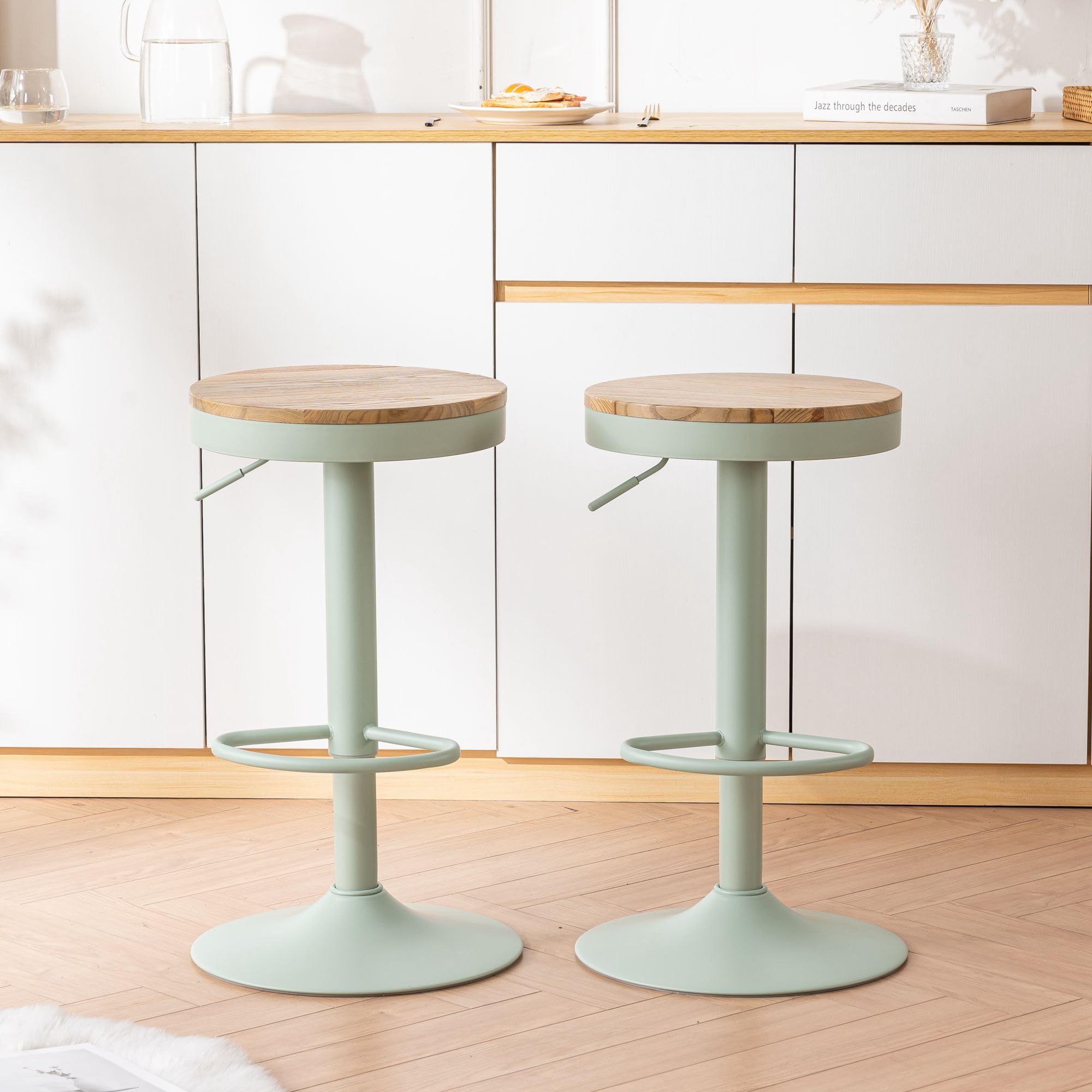 YOUNIKE Bar Stools, Solid Wood Counter Height Barstools Set of 2, Vintage High Adjustable 360° Swivel Metal Bar Chairs, Breakfast Kitchen Stools, Mint Green