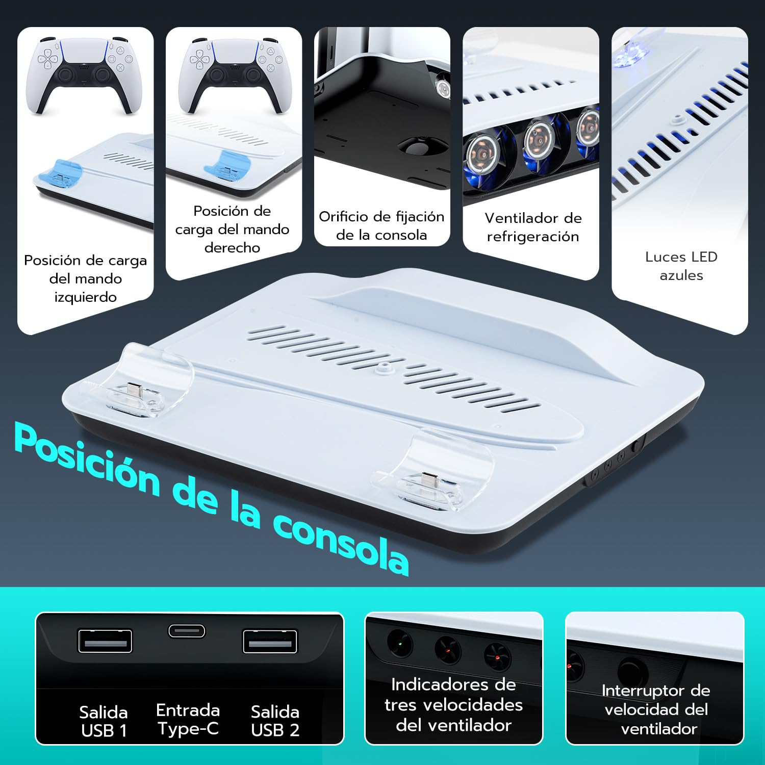 Soporte para PS5 Pro/Slim, luces LED, estación de refrigeración con carga dual