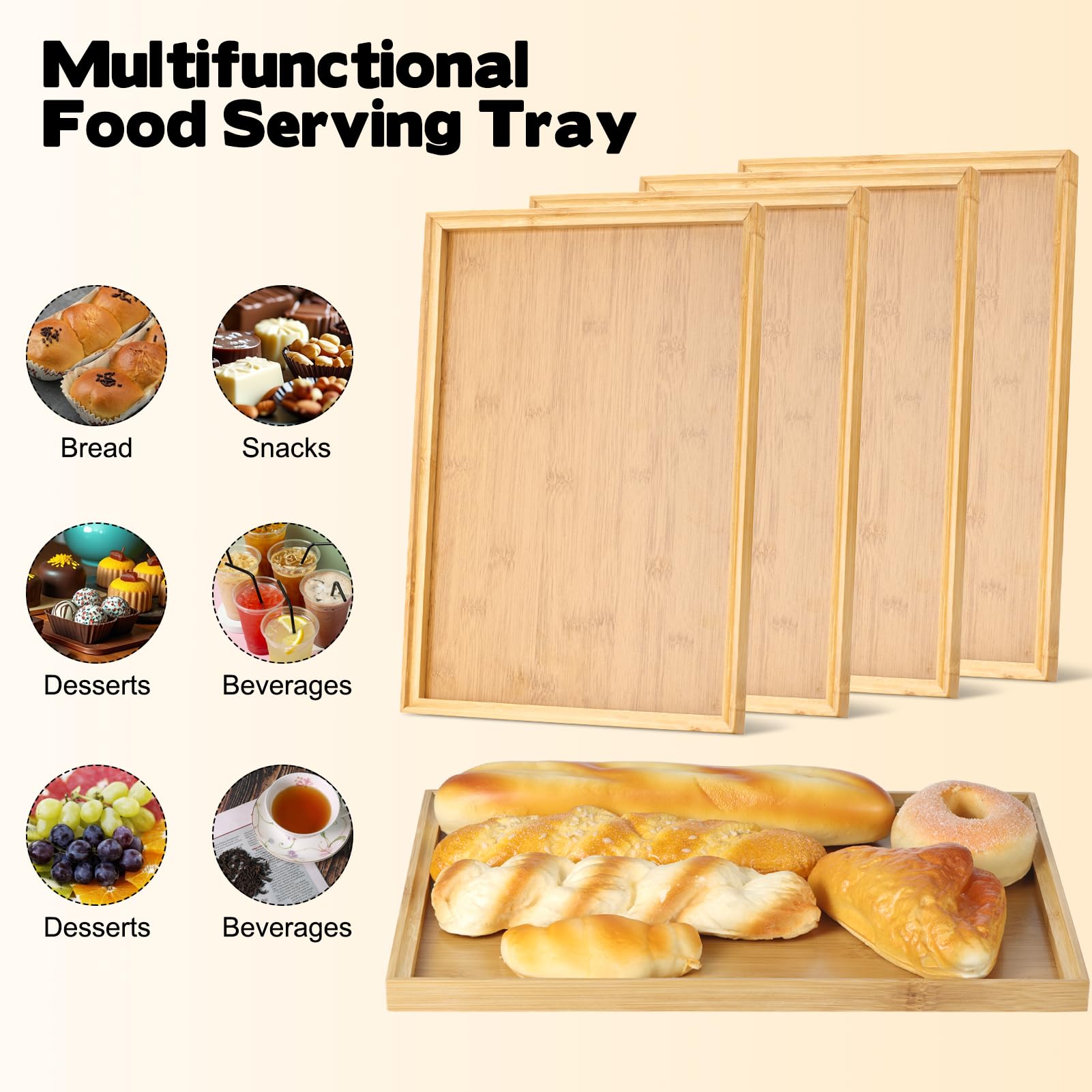 10er Set Rechteckige Bambus Serviertabletts – 37x26 cm Tabletts aus Bambus für Speisen, Getränke und Snacks – Stapelbar & Pflegeleicht