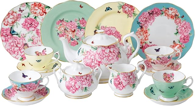 Royal Albert Miranda Kerr 15 Piece Gift Vintage Serving 4, with Bone China Cup and Saucer Set, Tea Plates, Teapot, Sugar Bowl & Jug-Butterfly & Floral Pattern, Multi, 15pc