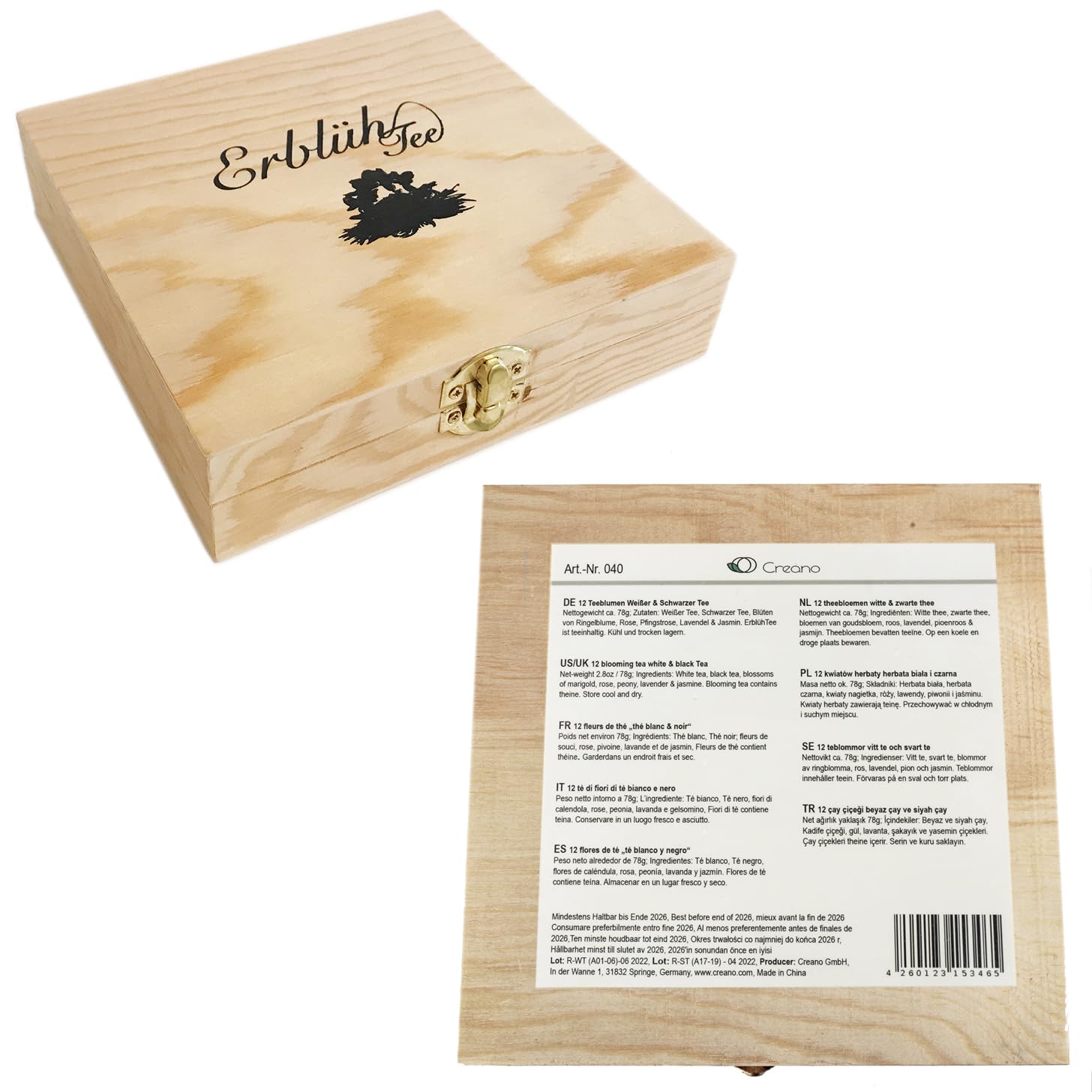 Creano Flores de Té Mix 12 uds Cofre de Madera 9 Variedades Té Blanco y Negro Regalo Sostenible Elegante para Mujer