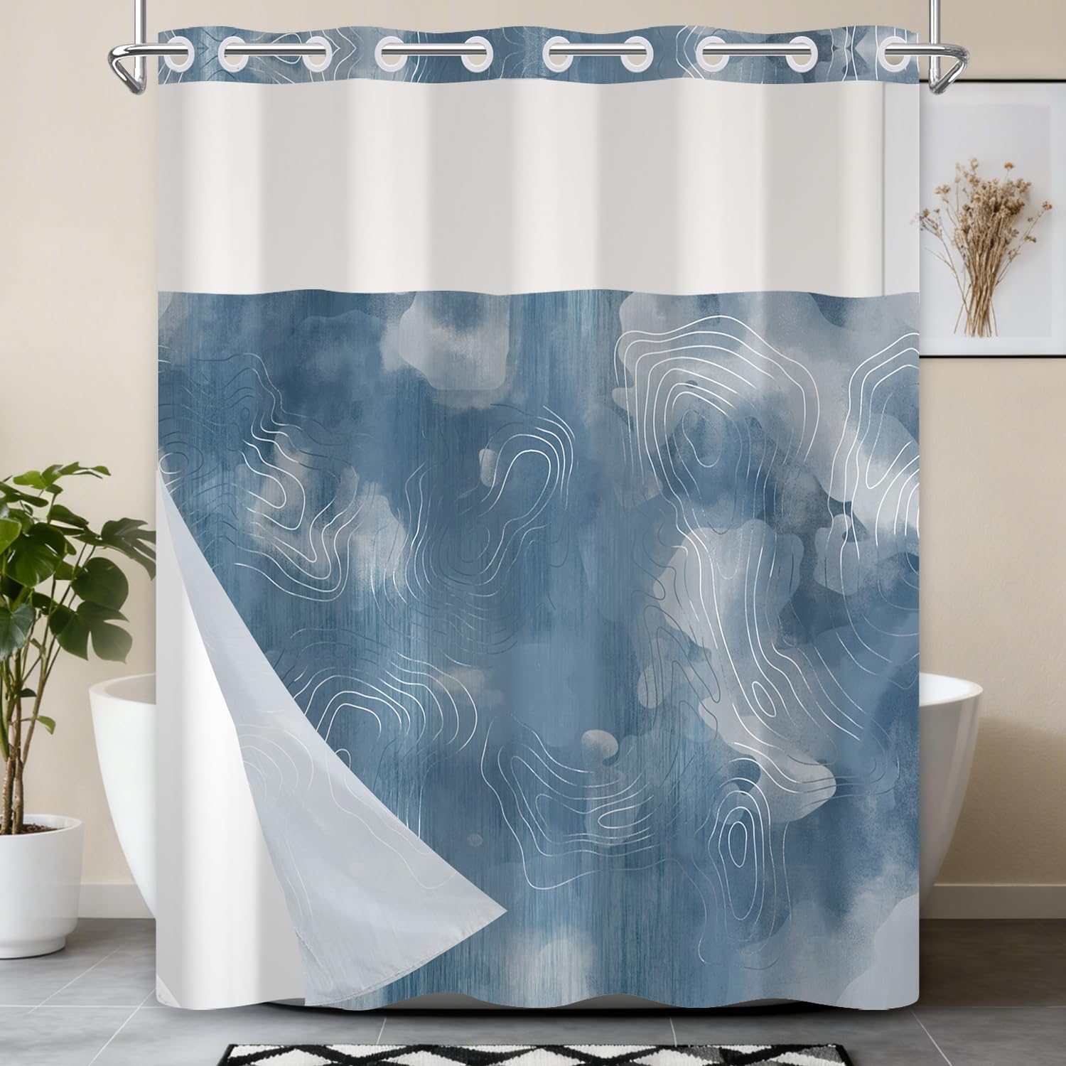 No Hook Shower Curtain with Snap in Fabric Liner, Blue Abstract Shower Curtain and Liner Set, Hotel Style Double Layers Waterproof Fabric and Mesh Top Window, 71” W x74” H