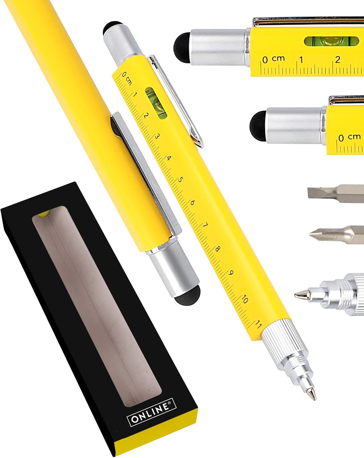 ONLINE Men's Gift Pen 6-in-1 Yellow I Multitool Pen with Various Functions I Multifunctional Ballpoint Pen and Tool I Gift for Christmas, Home Building, Craftsmen, Dad