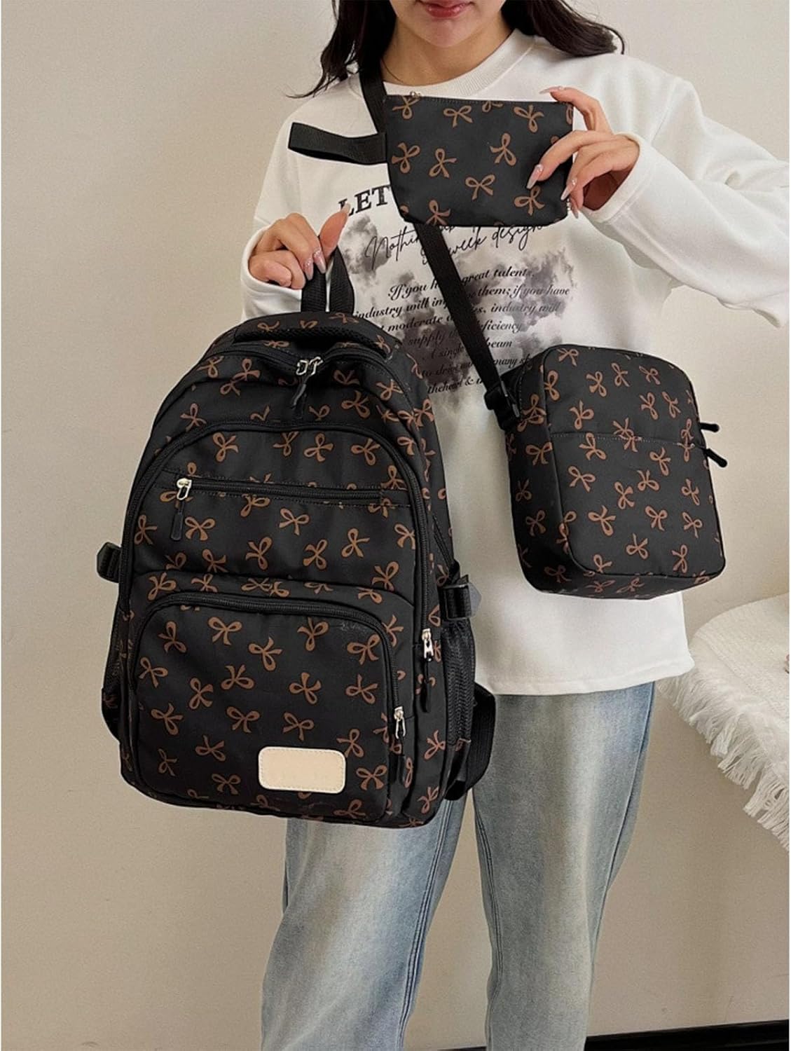 Coquette Bow Backpack Set for Girls, Cute Preppy Backpack with Bows, Pink Bow Backpacks with Pouch for School (Black)