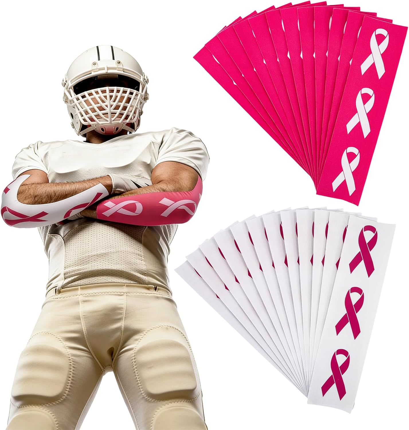 24 Pcs White Pink Turf Tape Breast Cancer Awareness Football Accessories, Waterproof Sweat Proof Breathable Pink Ribbon Athletic Tape，15.75" x 3.94", Breast Cancer Awareness Gifts