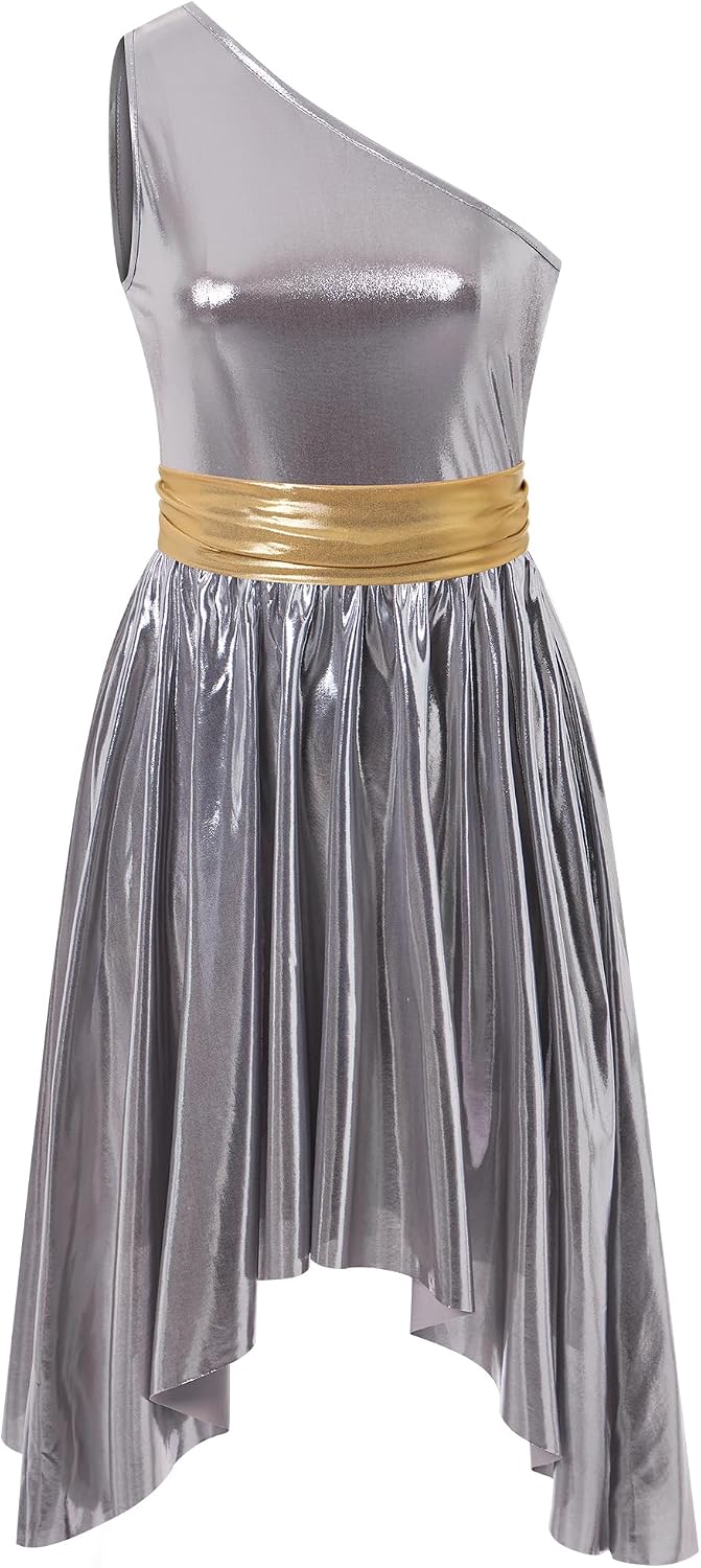 IBAKOM Praise Dance Dress Women One Shoulder Metallic Praise Overlay and Tunic Worship Outfits Church Liturgical Dancewear