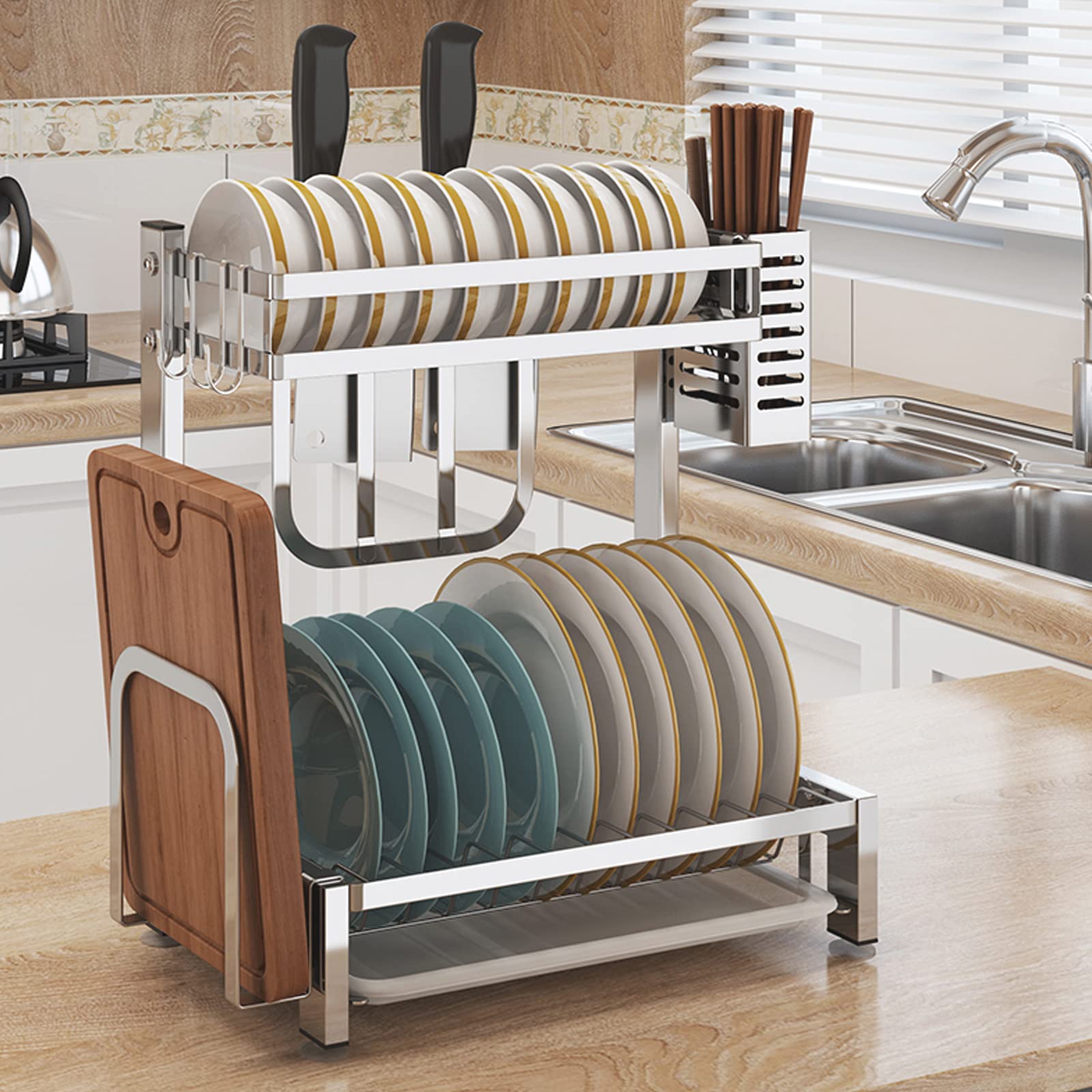 SaryEdge Dish Drainers Stainless Steel Dish Drainer,Kitchen Countertop Supplies Storage For Plates Bowls Pots,2-Tier Stainless Steel Dish Rack Dryer Dish Rack Kitchen Dish Shelv,Silver-42.5x40.5cm