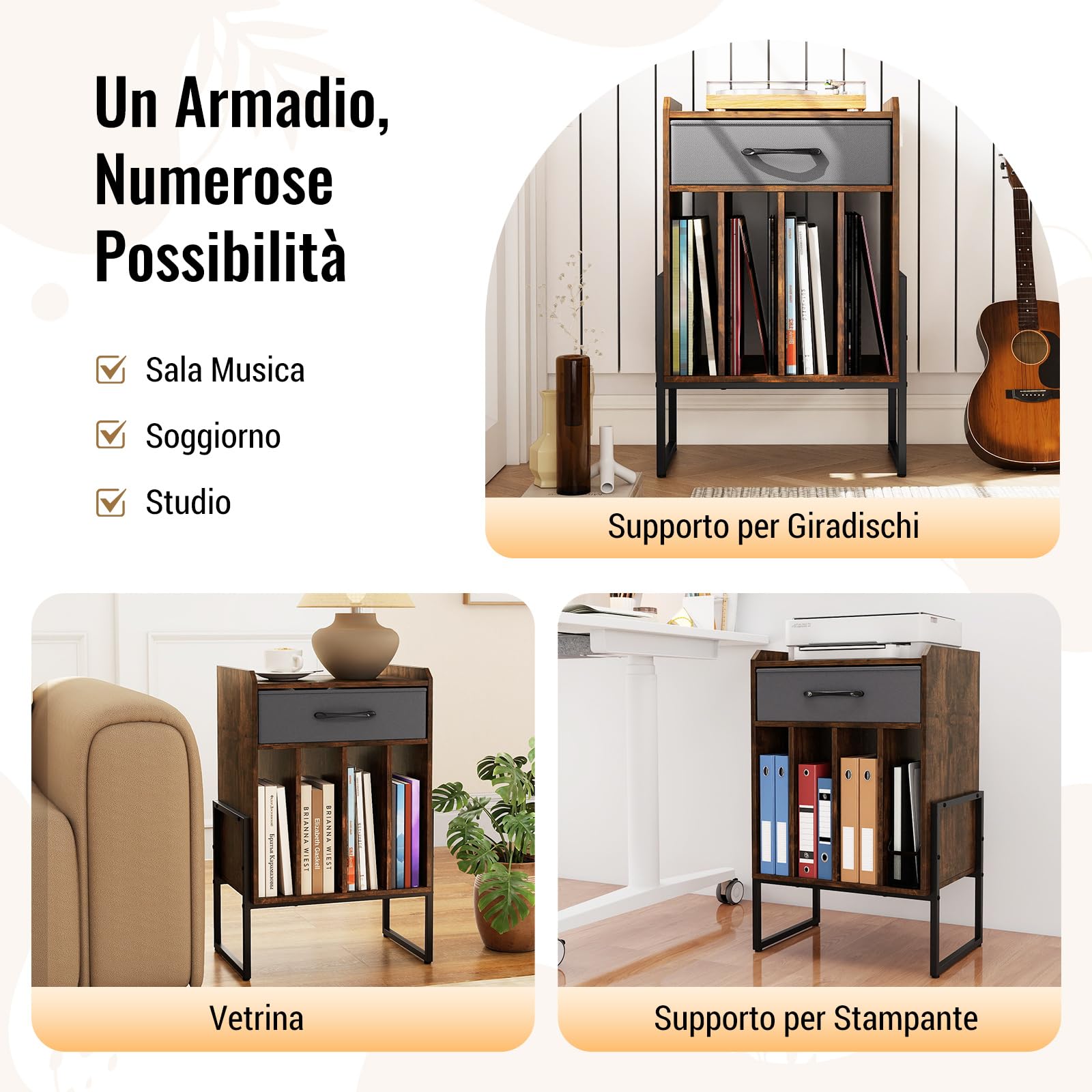 COSTWAY Supporto per Giradischi, Mobile Giradischi in Legno con Cassetto in Tessuto e 4 Scomparti, per fino a 160 Dischi in Vinile, Scaffale per Dischi in Stile Retrò per Soggiorno e Camera da Letto