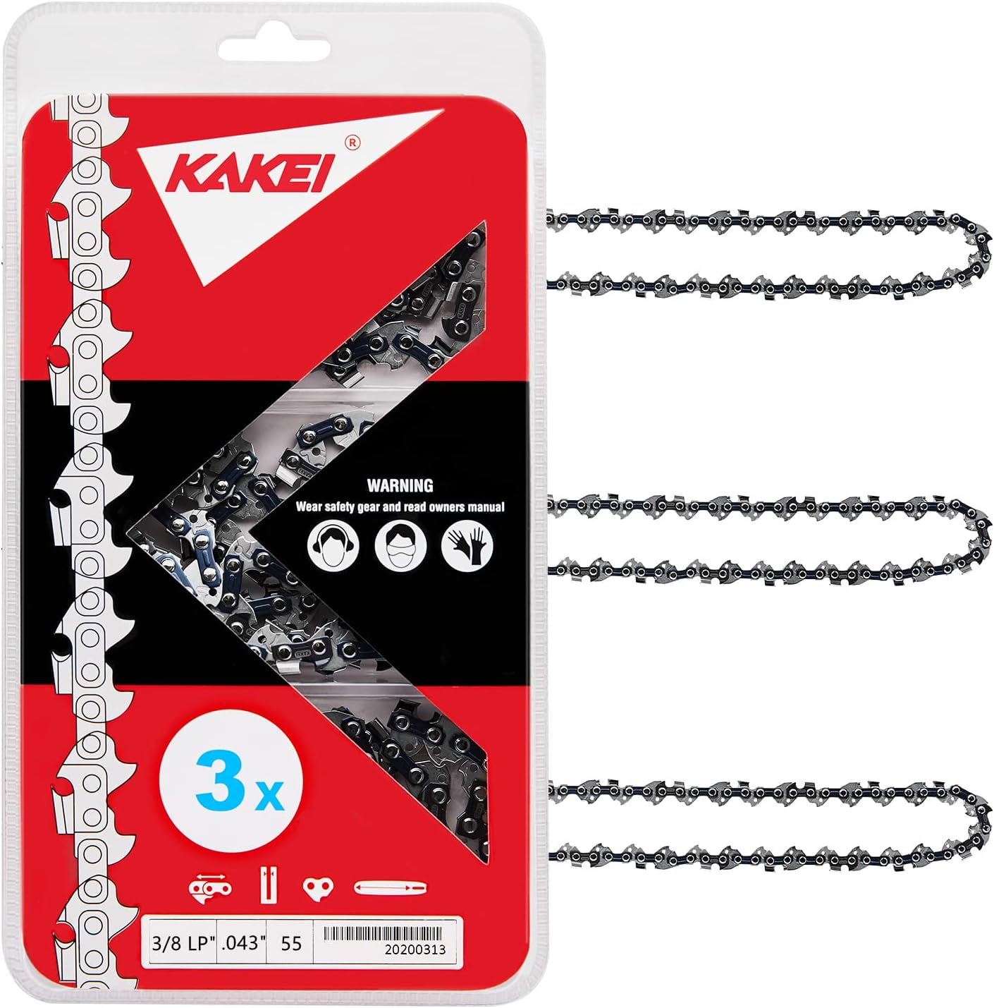 KAKEI 16 Inch Chainsaw Chain for Stihl MS170, MS180c - .043" Gauge, 3/8" LP Pitch, 55 Drive Links (3 Chains)