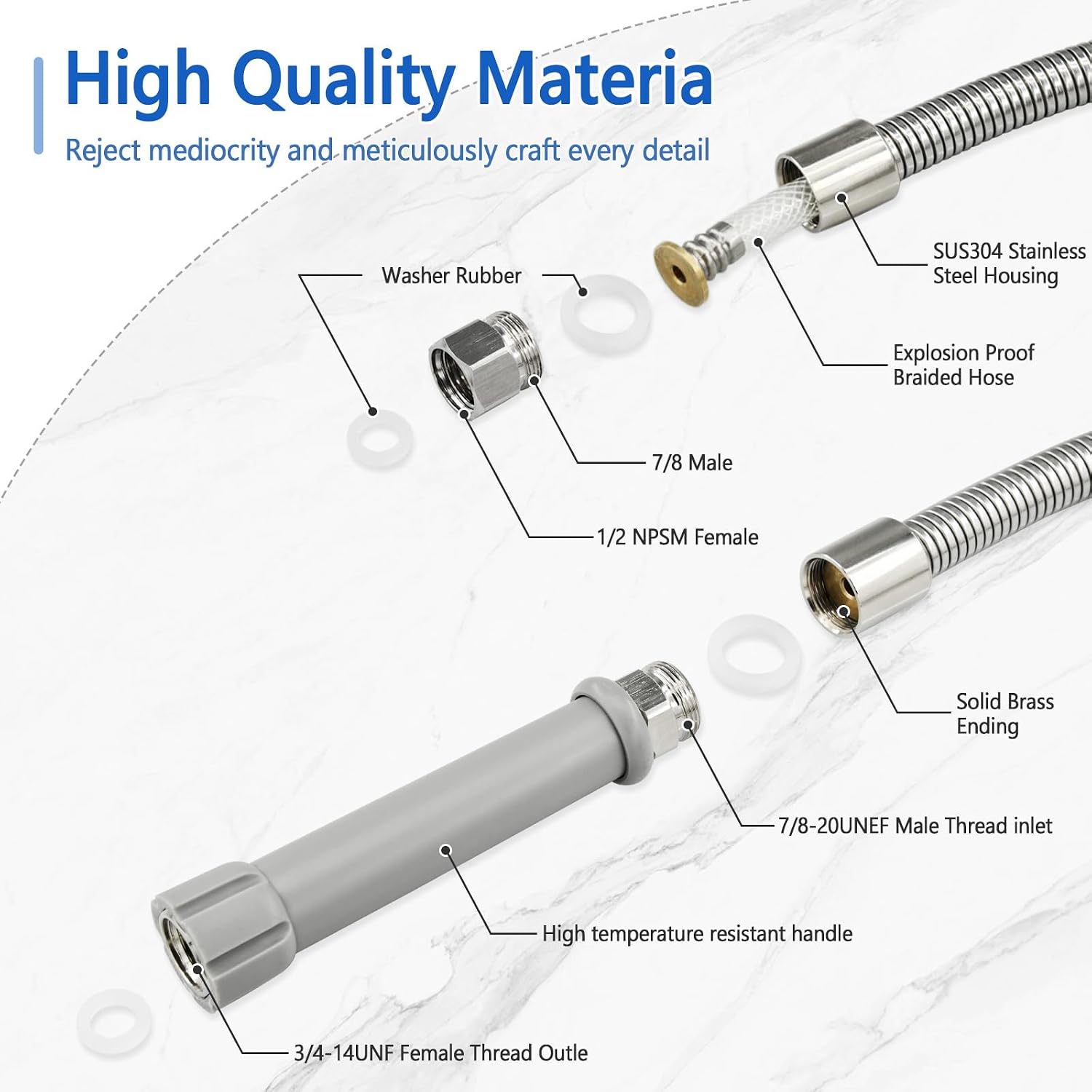 44" Commercial Sink Faucet Sprayer Hose, Compatible with T&S Brass B-0044-H Pre-Rinse Hose with 1/2" NPSM Female &Heat Resistant Handle, Stainless Steel