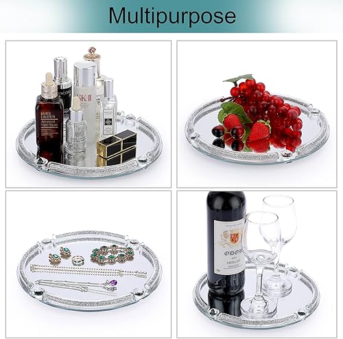Miniatura 3 de JUXYES Bandeja decorativa de diamante triturado, bandeja de maquillaje brillante para cosméticos, bandeja de tocador con espejo, bandeja decorativa