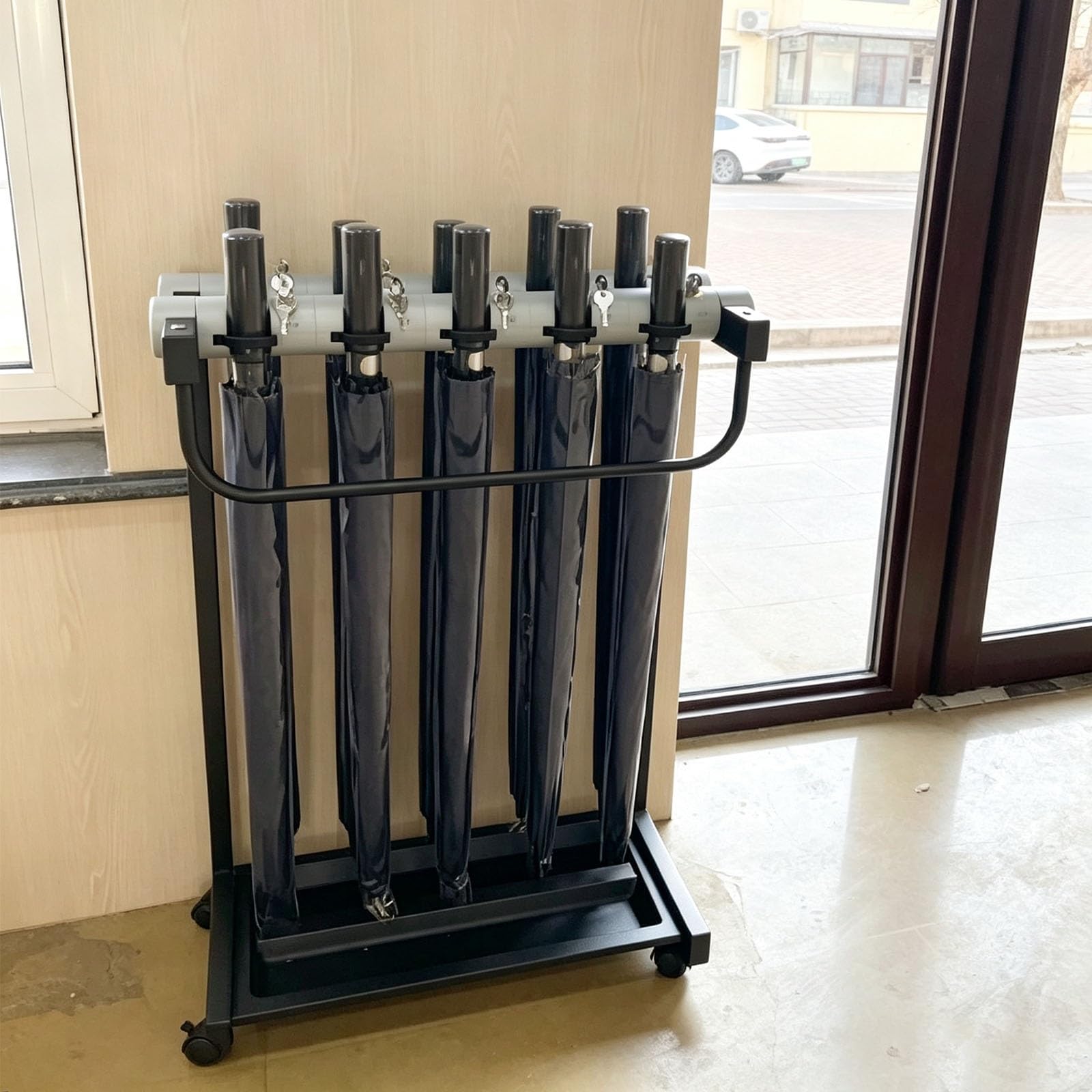 Portaombrelli in stile industriale – Stand organizer | Vassoio raccogligocce rimovibile, ruota girevole per casa, ufficio, hotel o uso commerciale(A)