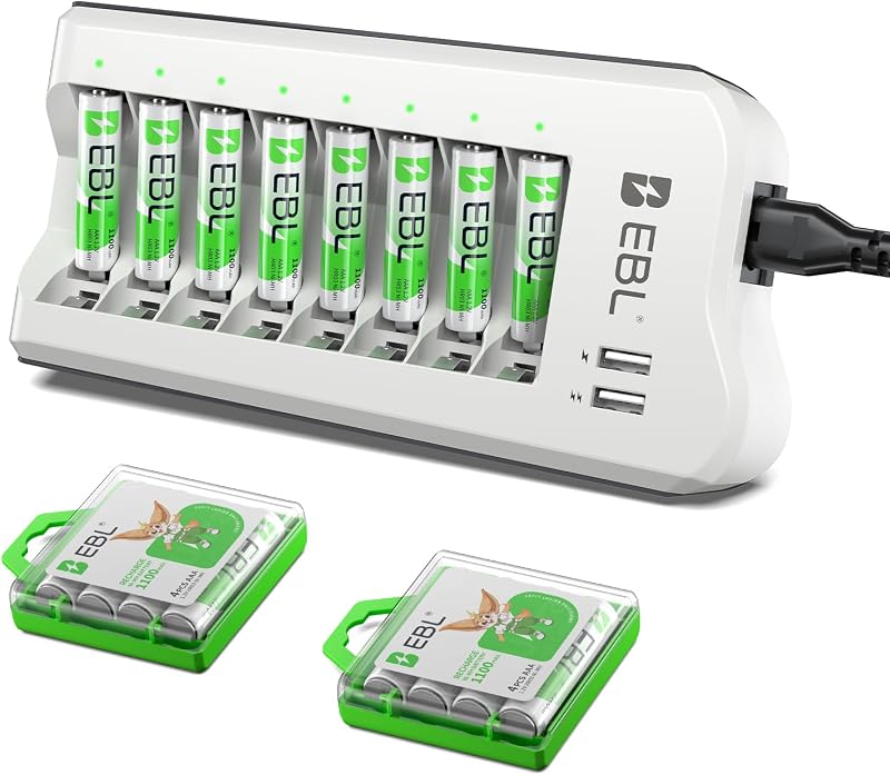 Baterías recargables EBL NiMH AAA de 1100 mAh (paquete de 16) y cargador de batería AA AAA recargable con 2 puertos de carga USB
