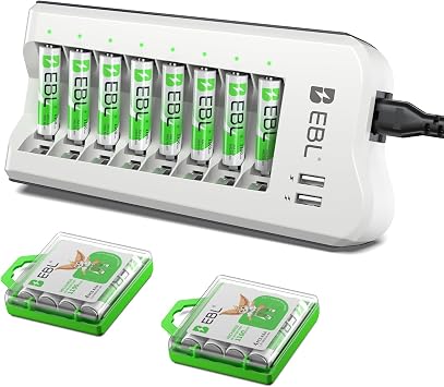 EBL 1100mAh NiMH AAA Rechargeable Batteries 16 Pack and Rechargeable AA AAA Battery Charger with 2 USB Charging Ports