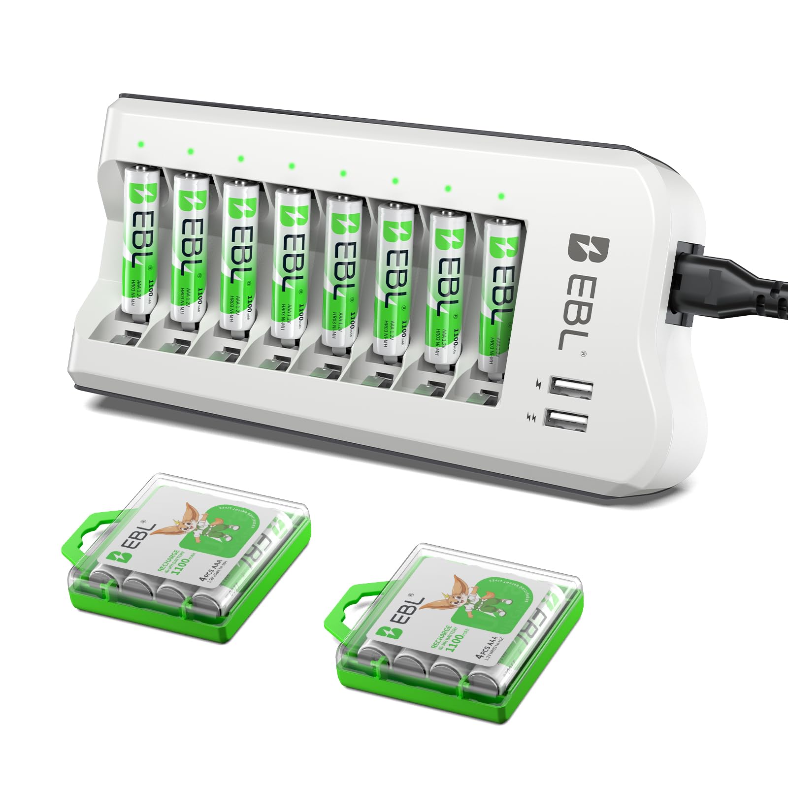 EBL AAA Batteries, Rechargeable Charger Set, AAA Batteries x 16 Packs (1,100 mAh) + Charger, Smartphone Charging, AA, AAA NiMH / NiCd Charging, Disaster Prevention Batteries, Storage Case Included,