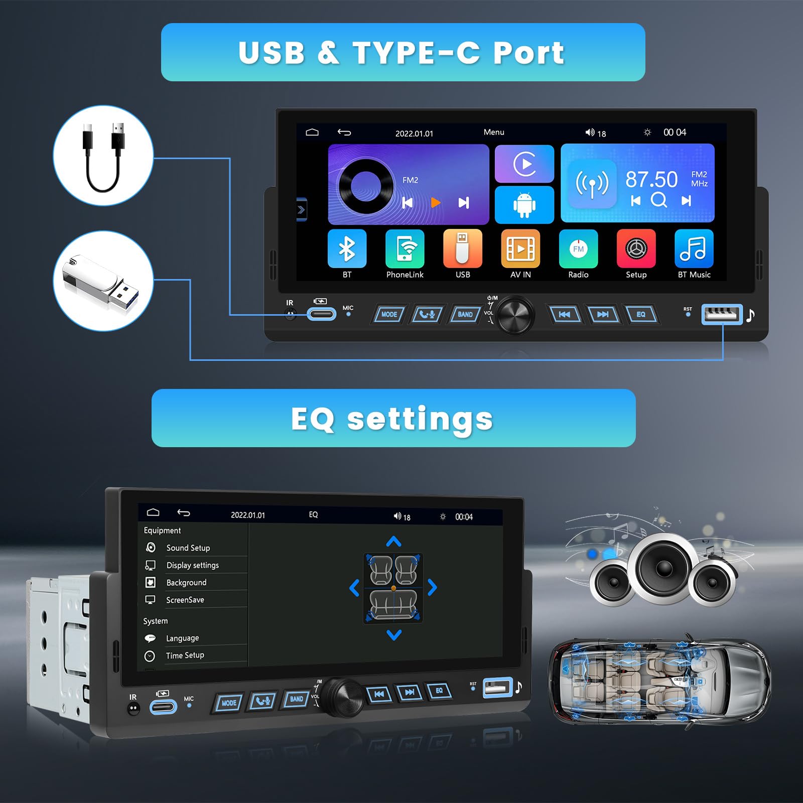 Inefala radio samochodowe Bluetooth 1 DIN z bezprzewodową funkcją CarPlay i Android Auto, radio 1 DIN z ekranem 6,9 cali, Mirror Link, radio FM, USB, Typ-C, SWC, EQ, kamera cofania, mikrofon
