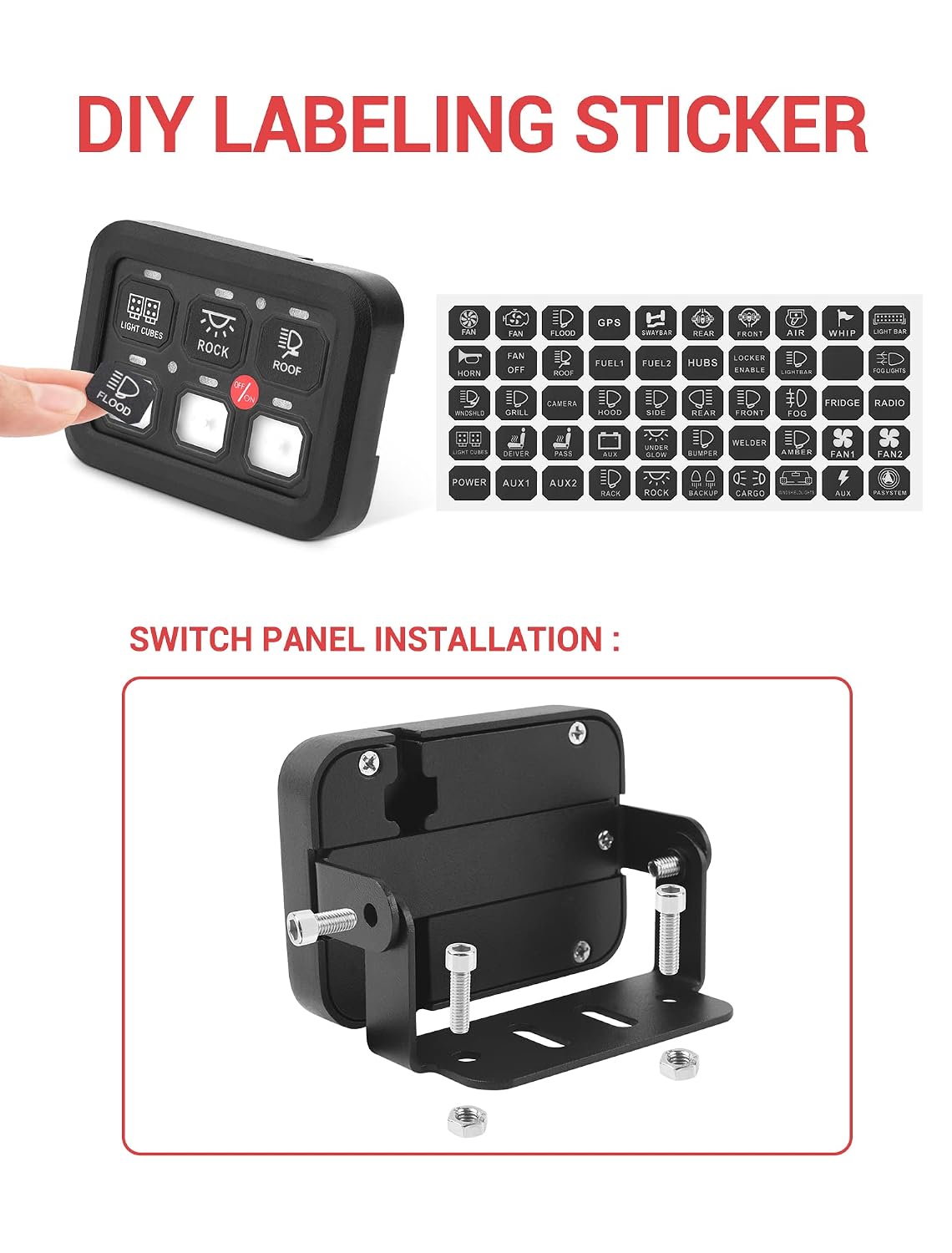 MNJ Motor 6 Gang Switch Panel kit Automatic Dimmable - Multiple Modes ON/Off Switch Touch Screen Circuit Control Box Relay System with Fuse Label Stickers for Truck ATV UTV Boat