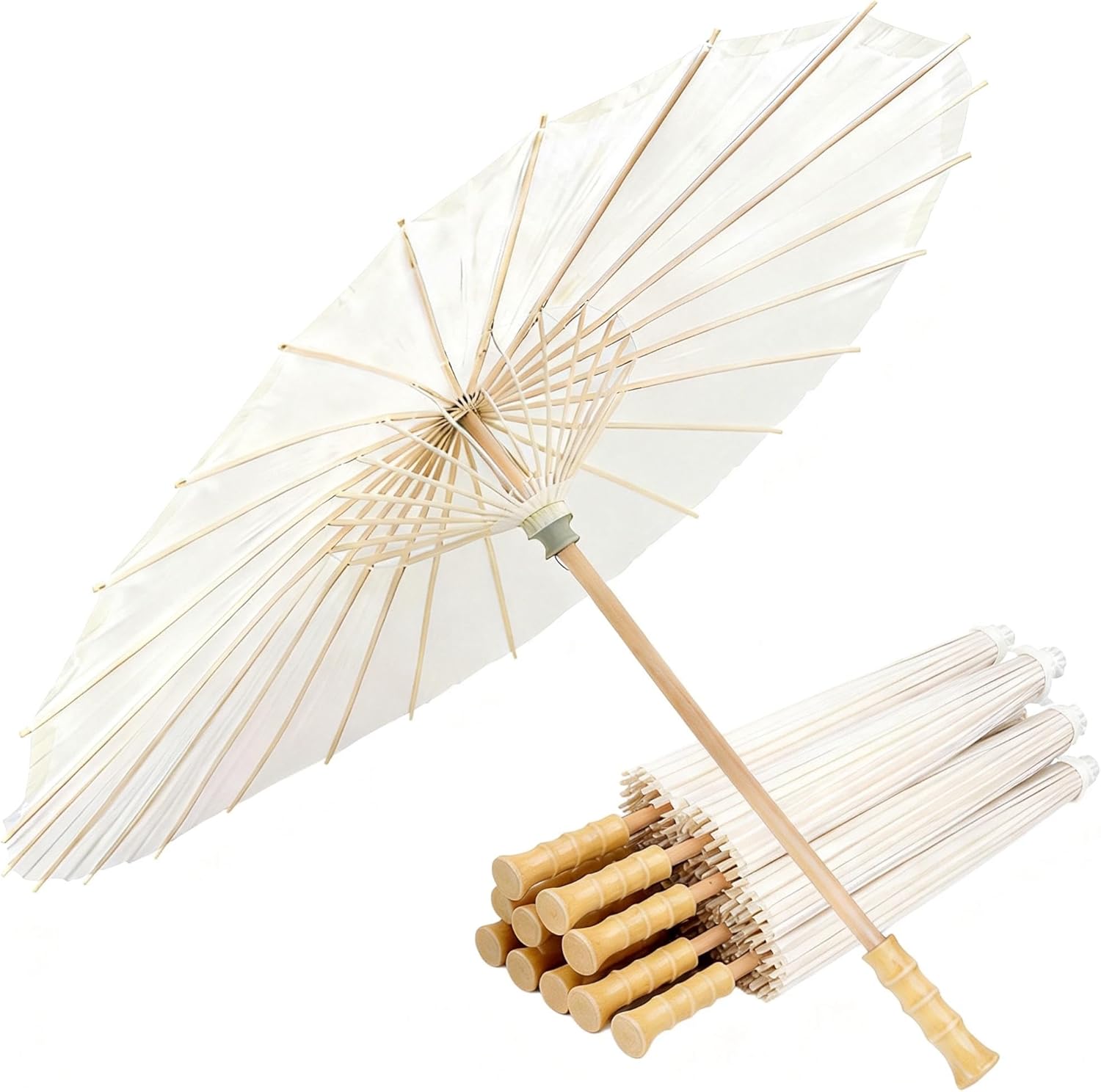 33 Inch White Paper Parasol Umbrella for Wedding Decor & DIY Art - Large Handmade Wooden Frame Sun Wedding Parasols, Asian Party Backdrop Painting Craft Projects (10, White)