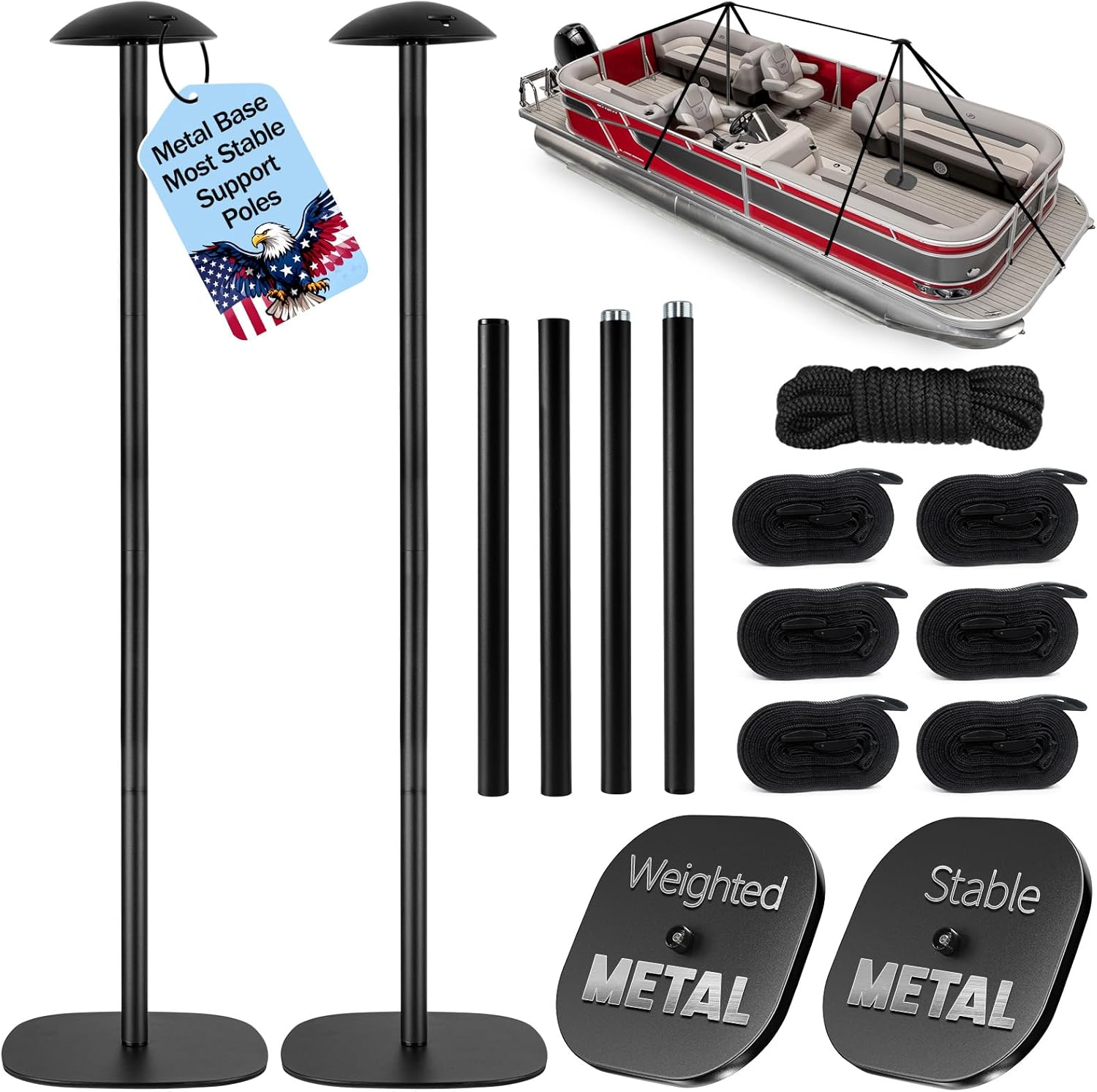 Boat Cover Support Poles 2 Pack, Adjustable Pontoon Boat Cover Support System with 3.3 lb Weighted Metal Base, EVA Pad, 6 Straps & Rope for Pontoon, Jon and Fishing Boats