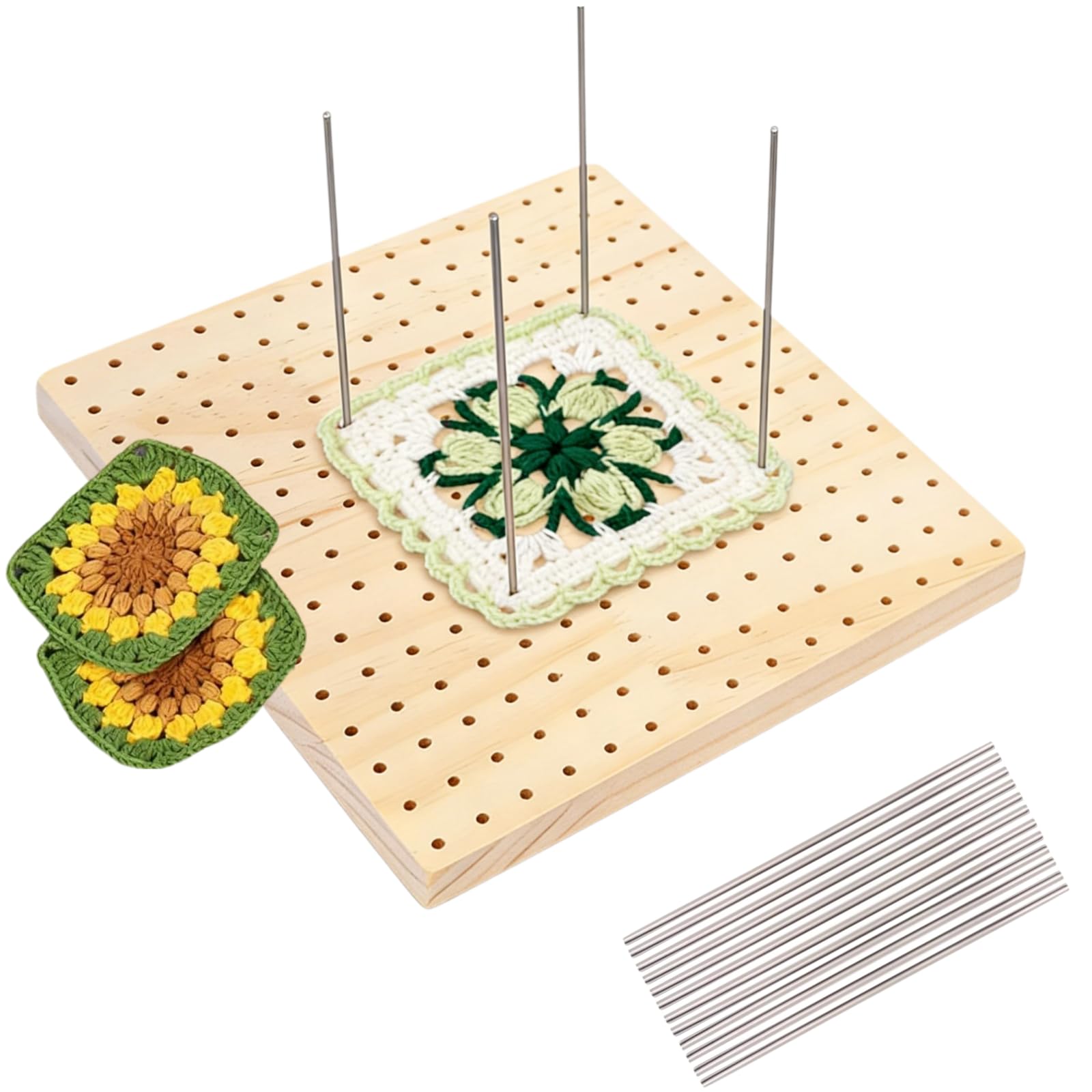 ROVENLIFEGO Crochet Blocking Board and Pins Set, 20x20cm Wooden Granny Square Blocking Board for Crochet & Knitting Projects, with 12 Stainless Steel Pegs & Knitting Accessories, Crochet Kit for Begin