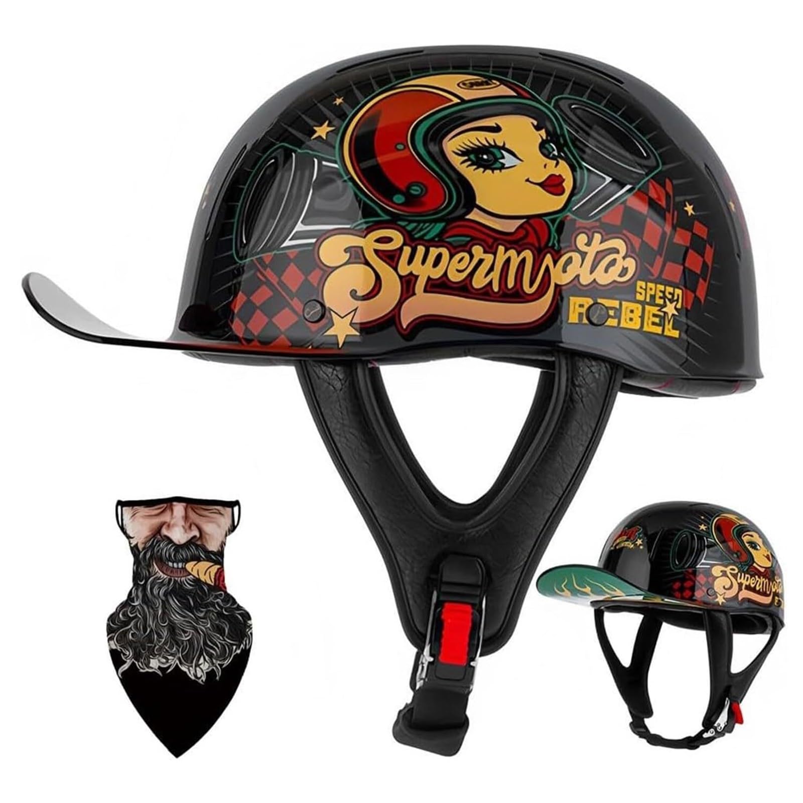 Rebel Kask Motocyklowy Otwarty Certyfikat ECE 22.06 Skorupa ABS Szybkie Zapięcie Kask Otwarty Skuter Elektryczny Mężczyźni Kobiety Lekki Biały Graffiti Retro
