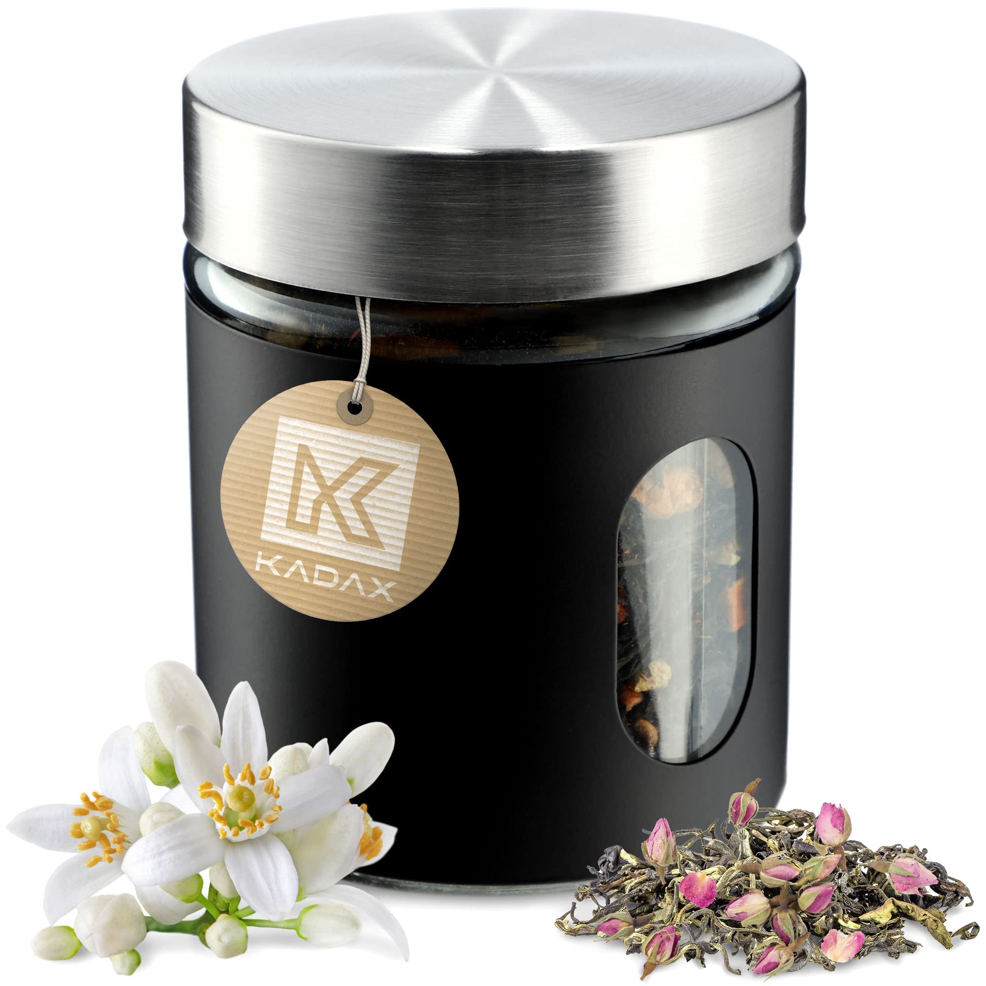 KADAX Contenitore da cucina, 320 ml, in vetro e acciaio inox, con tappo a vite, contenitore per farina, zucchero, caffè (nero)