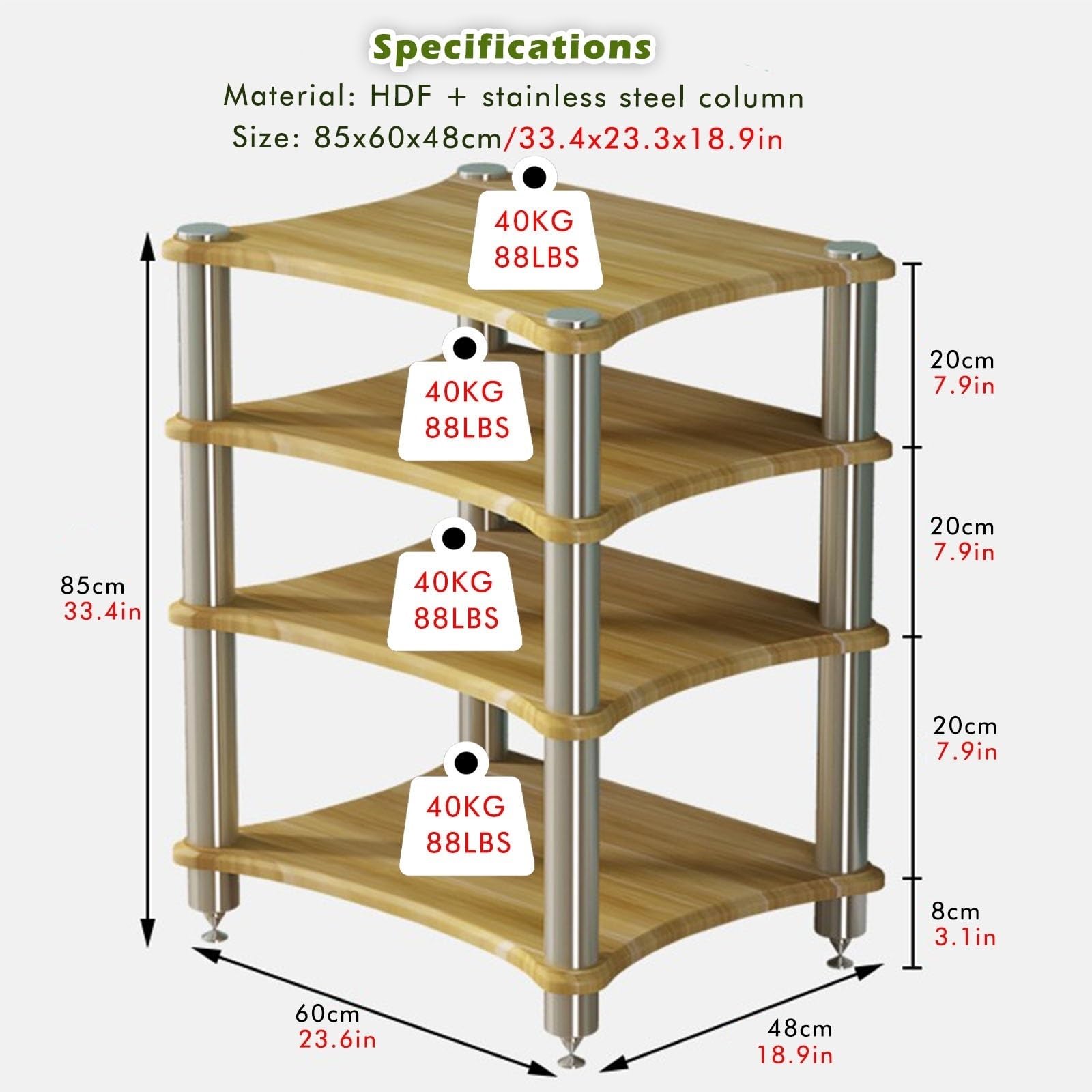 Estante para componentes de audio de alta resistencia, estante para amplificador de 85 cm de alto/estantería de audio y video, gabinete para equipo de audiófilo de alta fidelidad, gabinete de madera