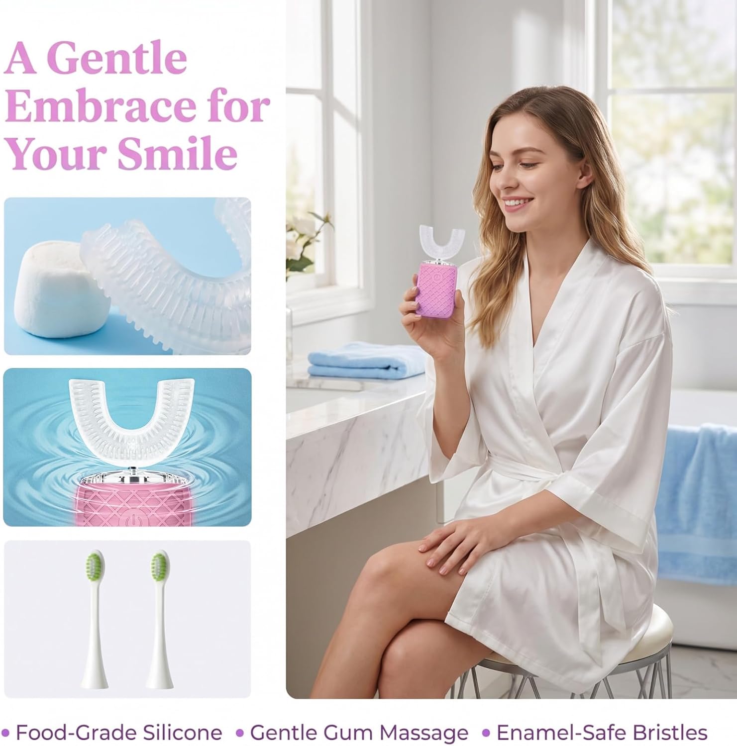 Sonic Electric U Shaped Toothbrush for Adults, Automatic Full Mouth Cleaning Toothbrush, 360° Stain Removal, IPX7 Waterproof Rechargeable, 3 U-Shape & 2 Straight Brush Heads (Pink)