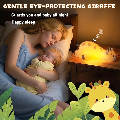 Miniatura 7 de Linda luz nocturna de jirafa para niños, luz nocturna regulable de 3 niveles, regalos de luz blanda de silicona, luz de noche recargable con control