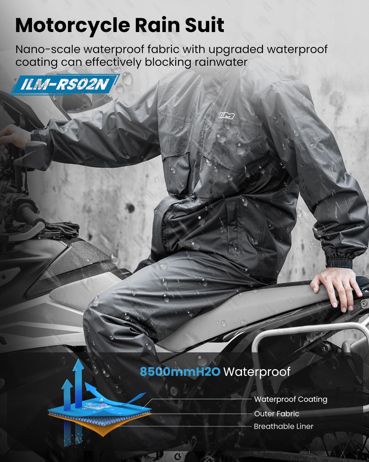ILM Combinaison Pluie Imperméable Moto Homme Femme-Vêtements de pluie Résistante à l'usure, 6 Poches, Ensemble de 2 Pièces avec Veste et Pantalon,Homme-Gris,L