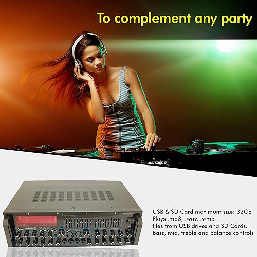 Miniatura 6 de Technical Pro Mezclador y amplificador profesional de 2000 vatios con Bluetooth y ecualizador incorporados, 6 entradas de micrófono, tarjeta USB y