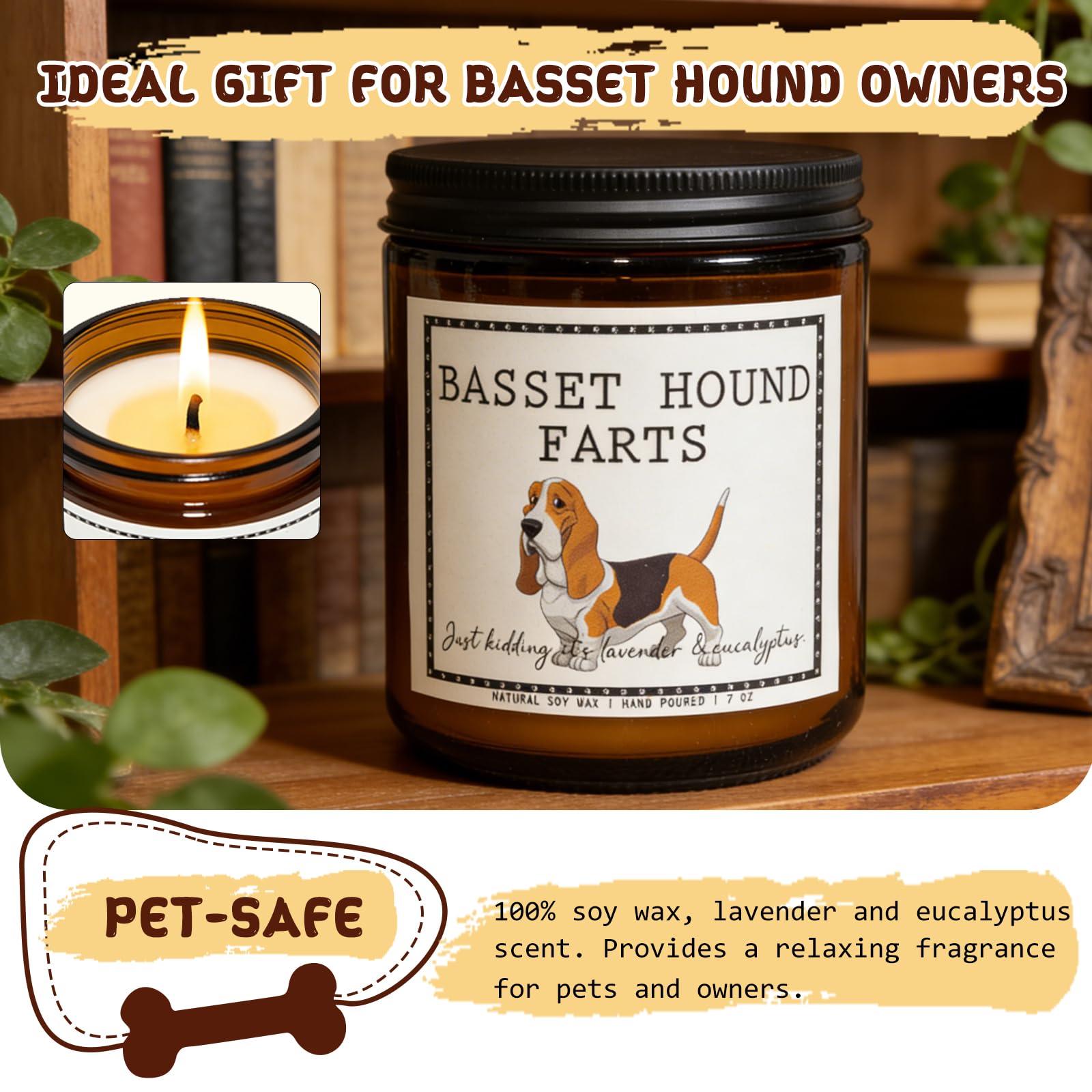 Smells Like Basset Hound Farts Candle - Basset Hound Gifts & Decor, Dog Mom Gifts for Women - Lavender & Eucalyptus Soy Wax Scented Candle, 50Hr Burn