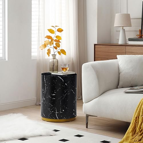 Mesa auxiliar negra con fondo de borde dorado y textura de mármol, mesa auxiliar redonda para sala de estar, artículos esenciales de apartamento de