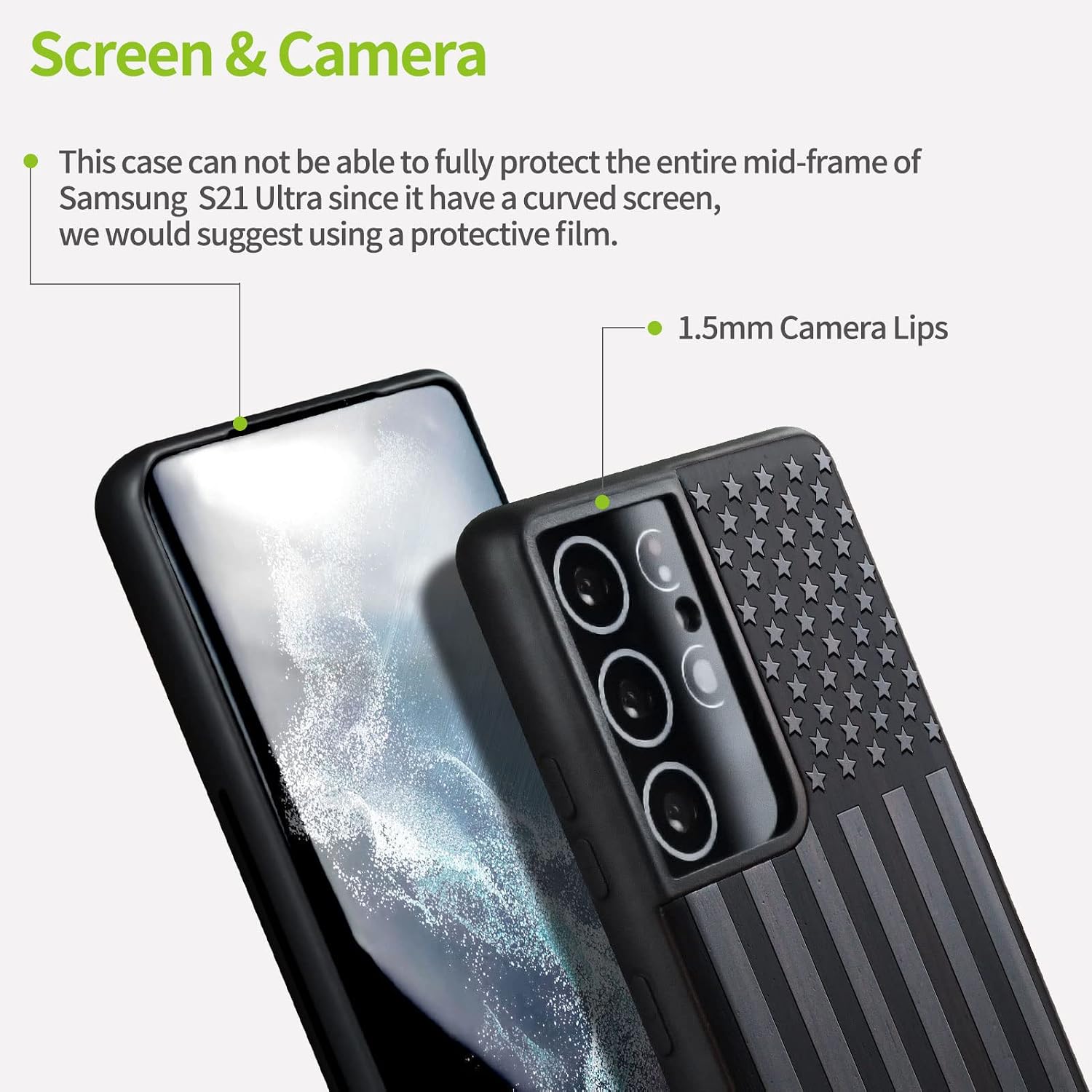 Carveit Wood Case for Galaxy S21 Ultra Case [Hard Real Wood & Soft TPU] Shockproof Hybrid Protective Unique Wooden Cover Compatible with Samsung S21 Ultra (American Flag Carving-Blackwood)