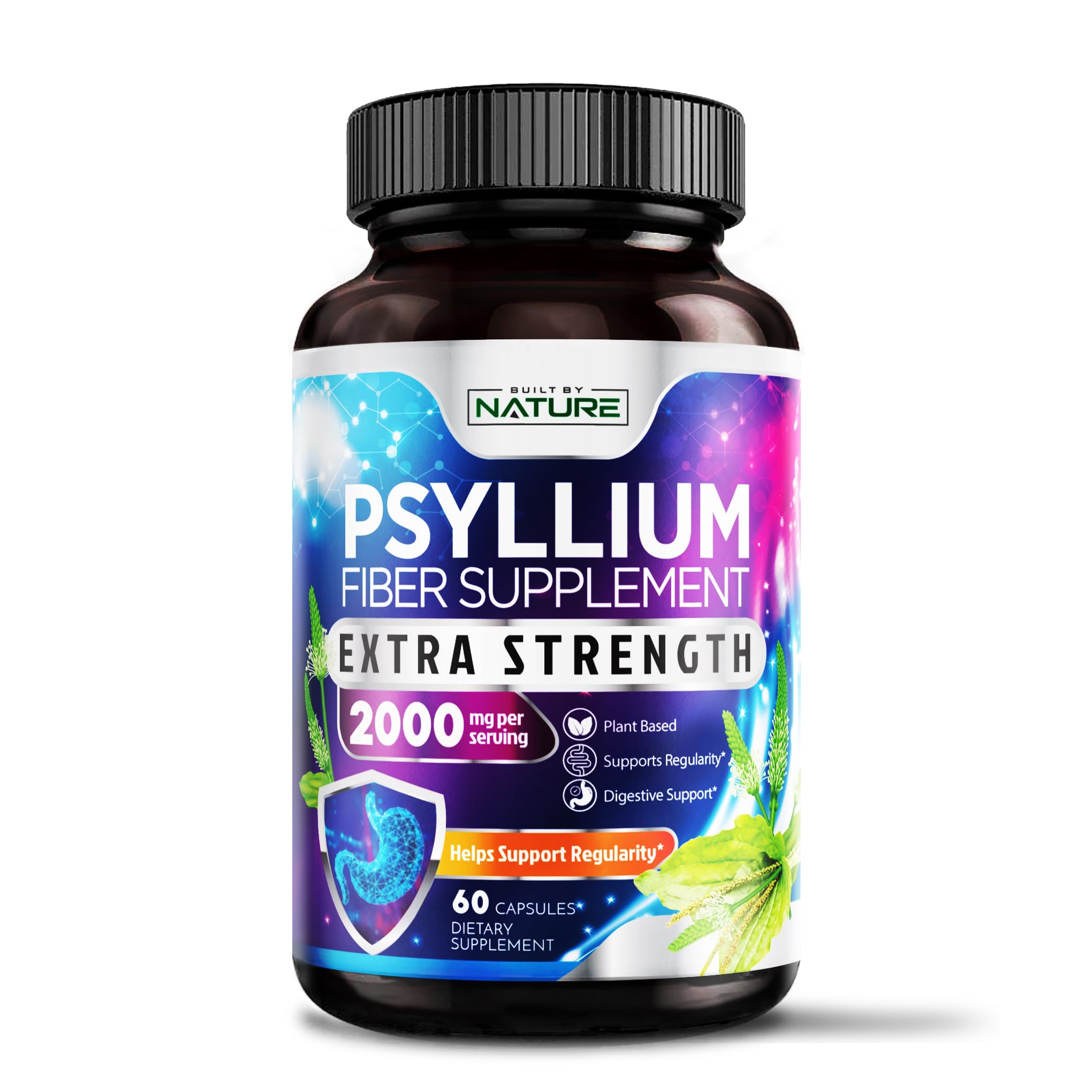 Built by Nature Psyllium Husk Capsules 2000mg, 60 Capsules 60 Count (Pack of 1)