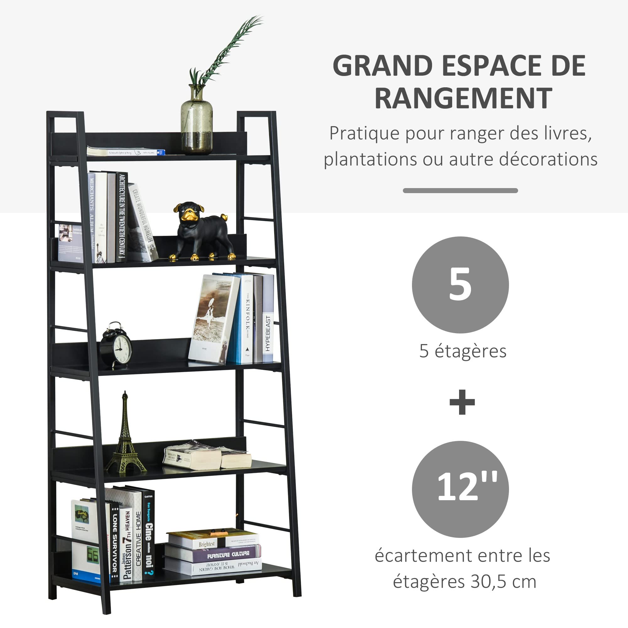 HOMCOM Regał na książki 5 poziomów 70 l x 35 l x 150H cm Czarny | Pochylony styl industrialny