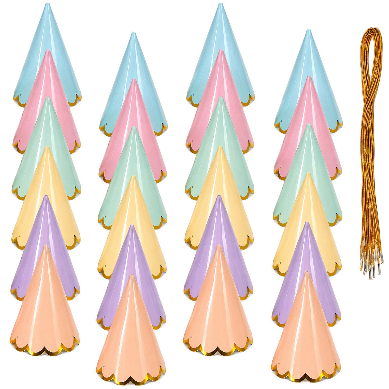Msjuwek 24 Pcs Colorful Birthday Party Hats with Elastic Cords, Gold-Stamped Paper Cone Hats for Kids Adults, Ideal for Baby Showers, Bridal, Wedding & Festive Celebrations, 6 Pastel Colors