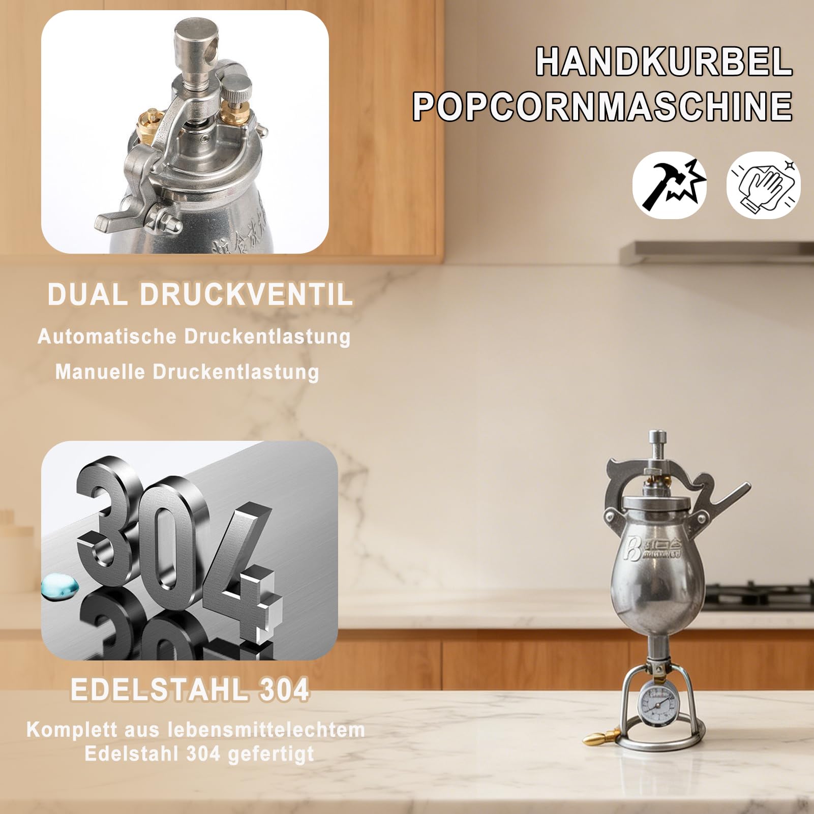 500ML Chinesische Popcornmaschine, Edelstahl Retro Hand Popcorn Maker | Klein Popcorn Kanone für Movie Night Partyspaß, Familientreffen
