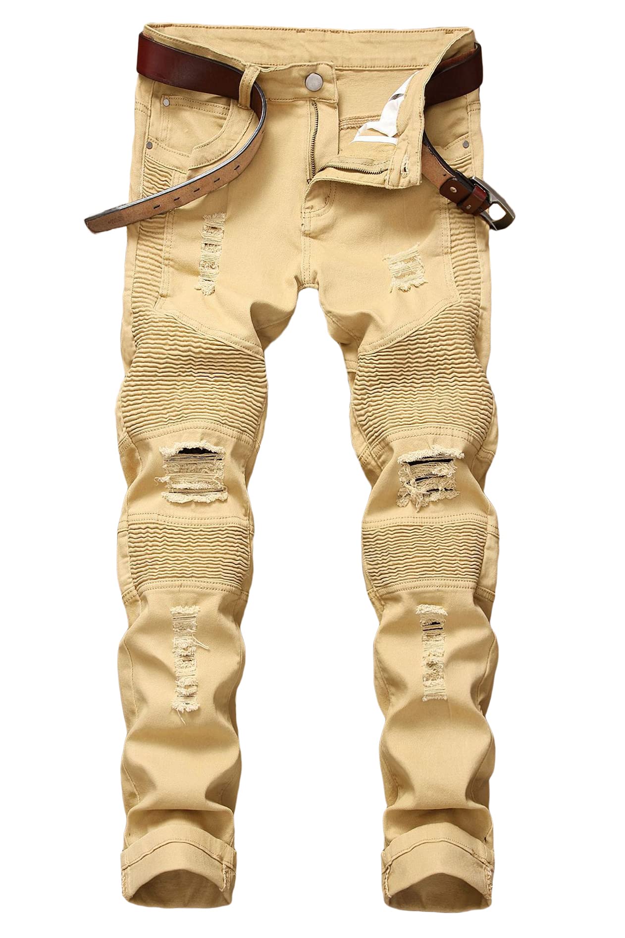 Baylvn Men's Casual Ripped Skinny Distressed Slim Fit Holes Denim Jeans - Brown - 32