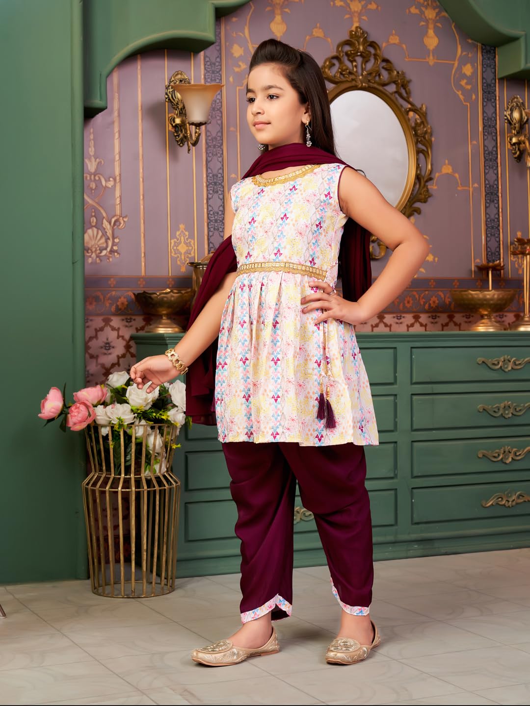 Aarika Girls Ethnic Wear Purple-White Colour Sequin Embroidery Lace Work Polycrepe Kurti Patiala Set With Dupatta-3-13 Years (Pt-5010)