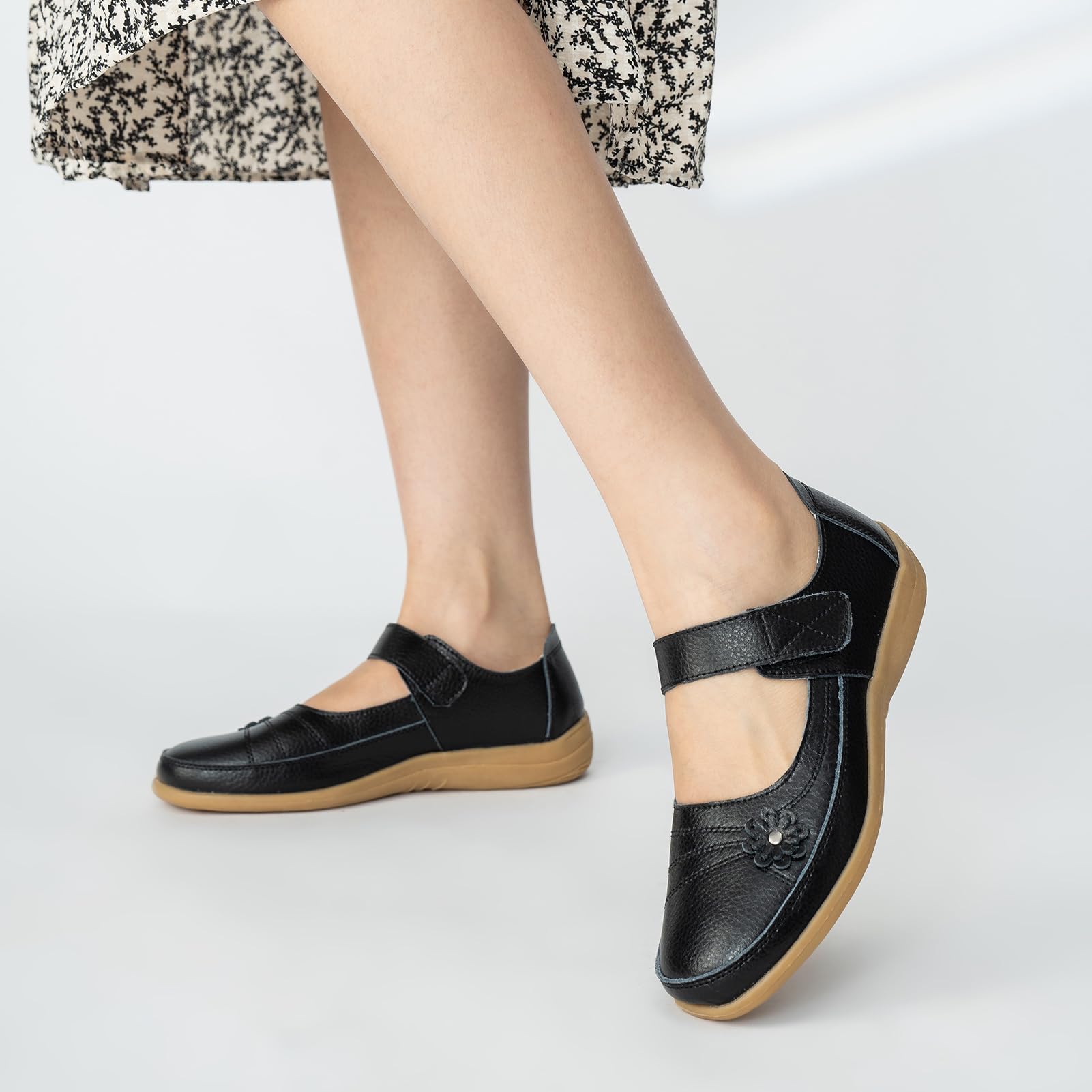 Chaussures Mary Jane en cuir pour femme - Noir - Coupe large - Chaussures plates - Style décontracté - Pour le travail, le bureau, les infirmières